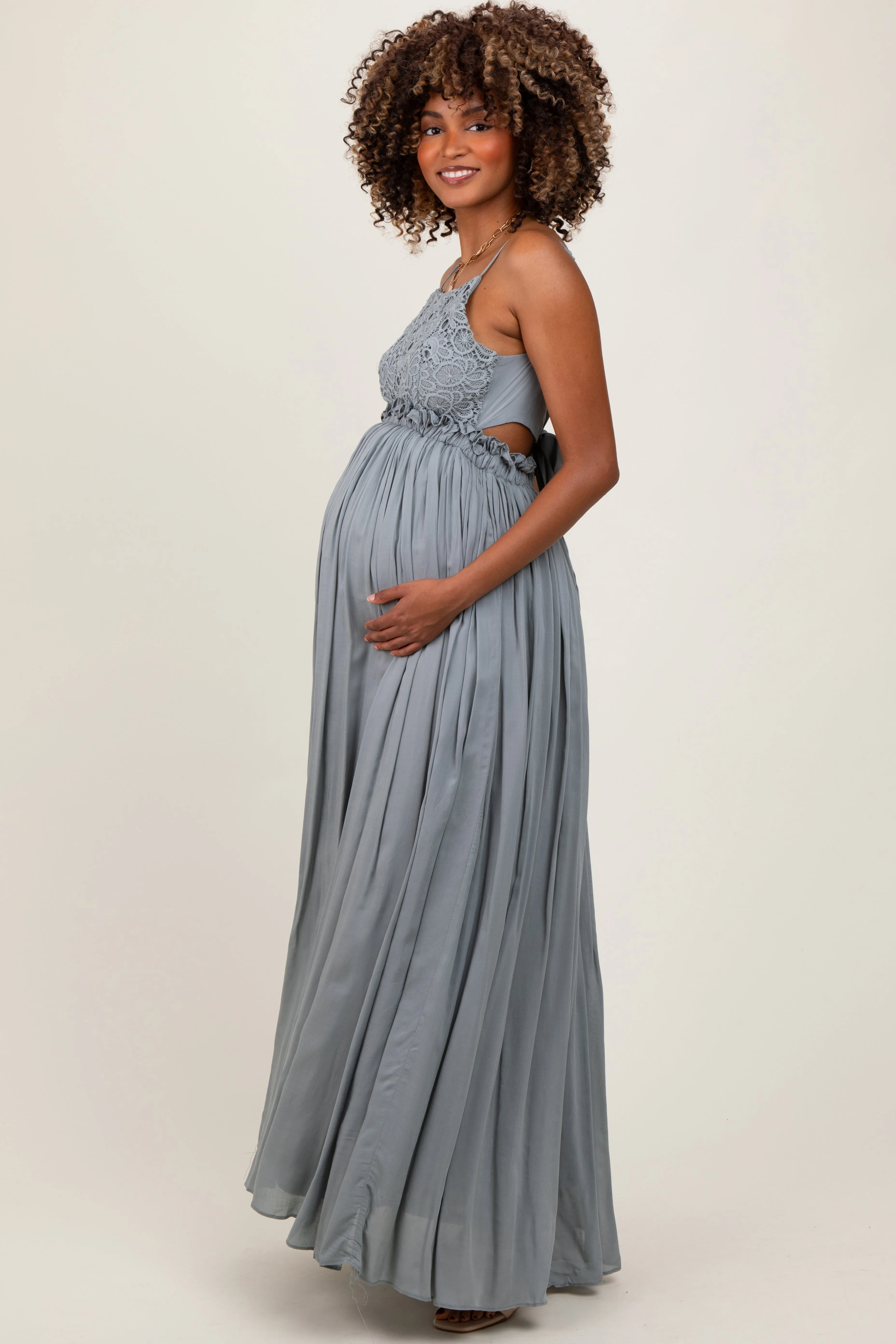 Grey Lace Bodice Cutout Tie Back Maternity Maxi Dress sold by Pinkblush product image thumbnail 3