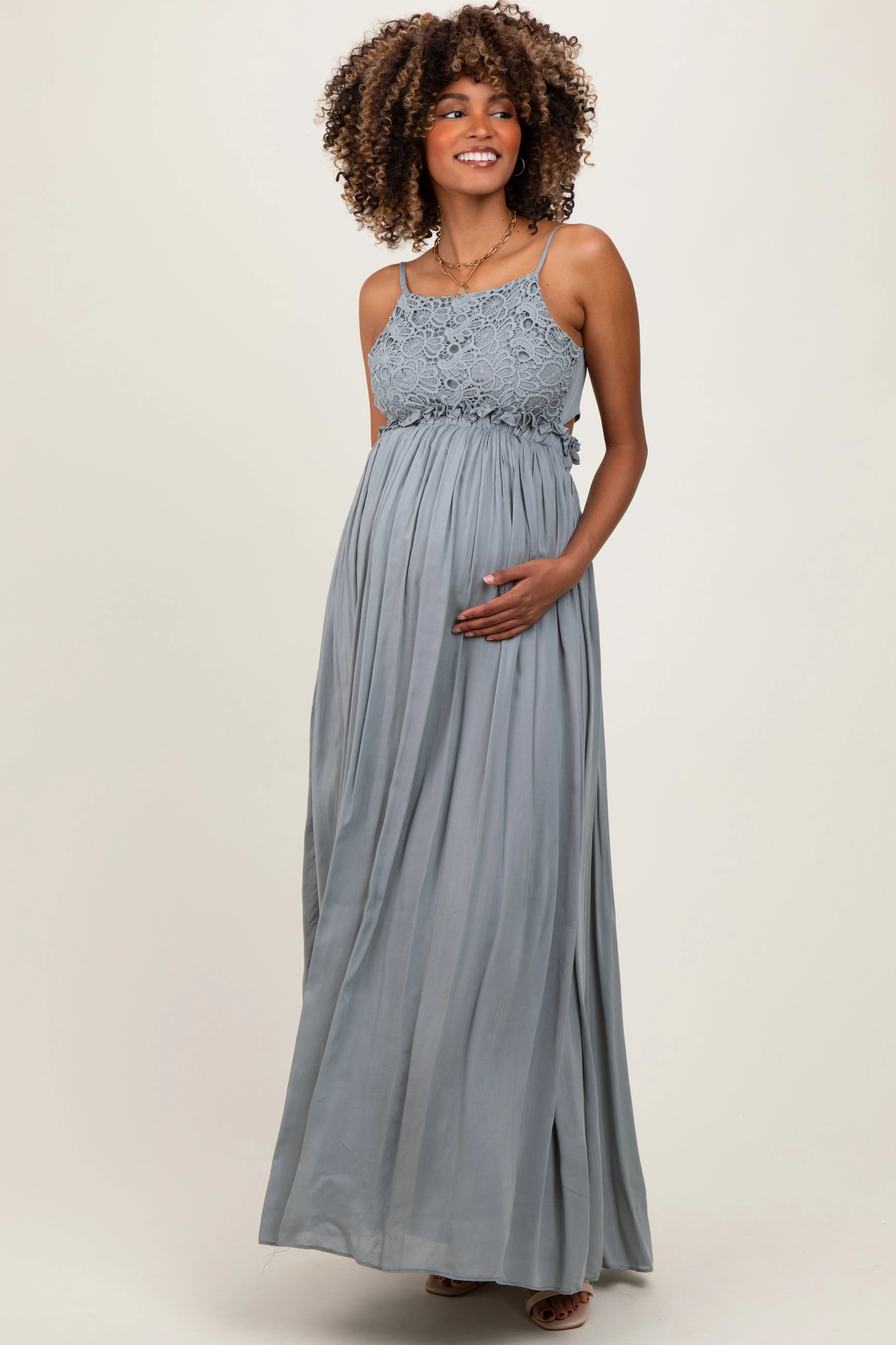 Grey Lace Bodice Cutout Tie Back Maternity Maxi Dress sold by Pinkblush product image thumbnail 2