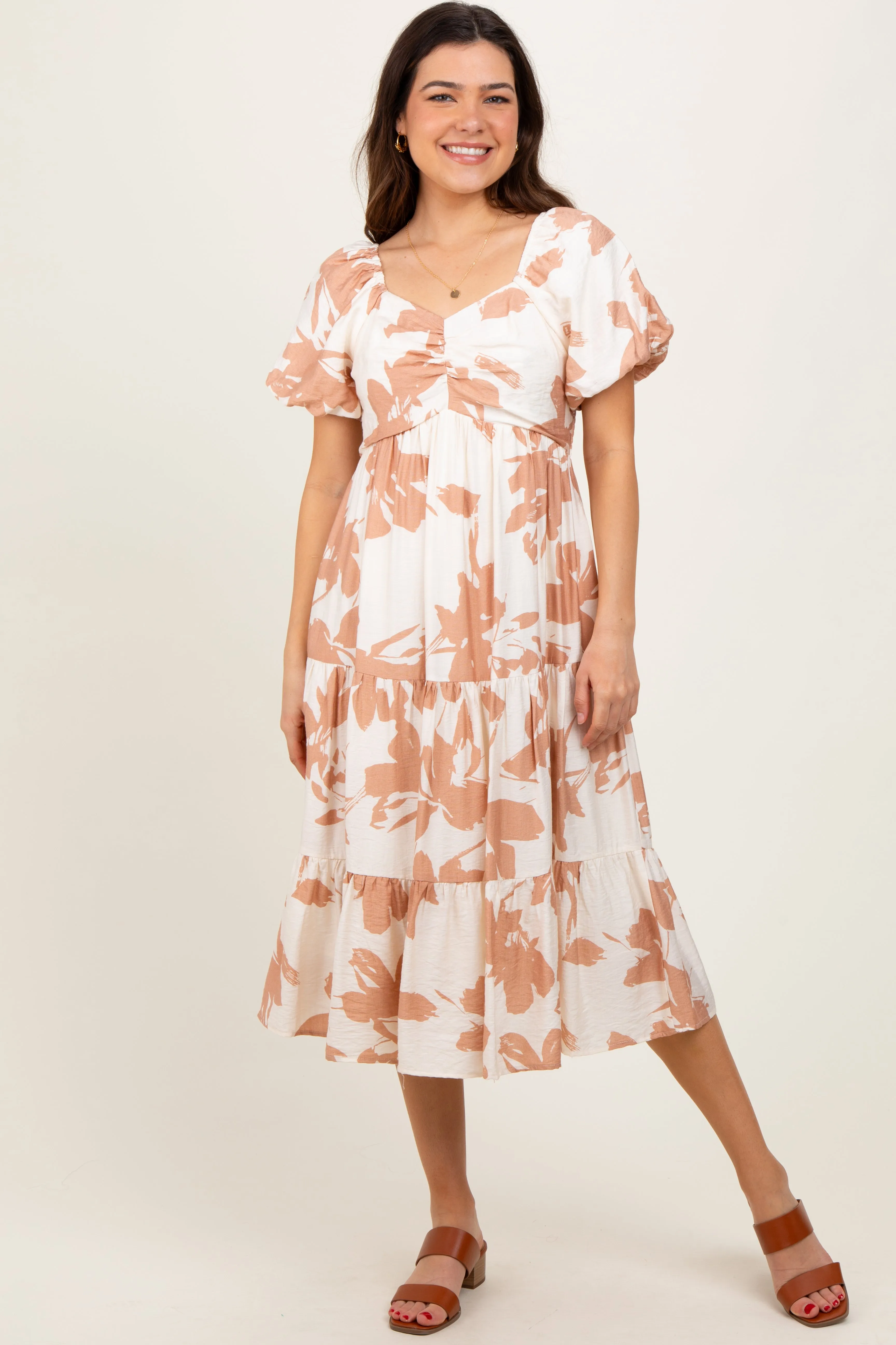 Ivory Floral Puff Sleeve Tiered Midi Dress sold by Pinkblush