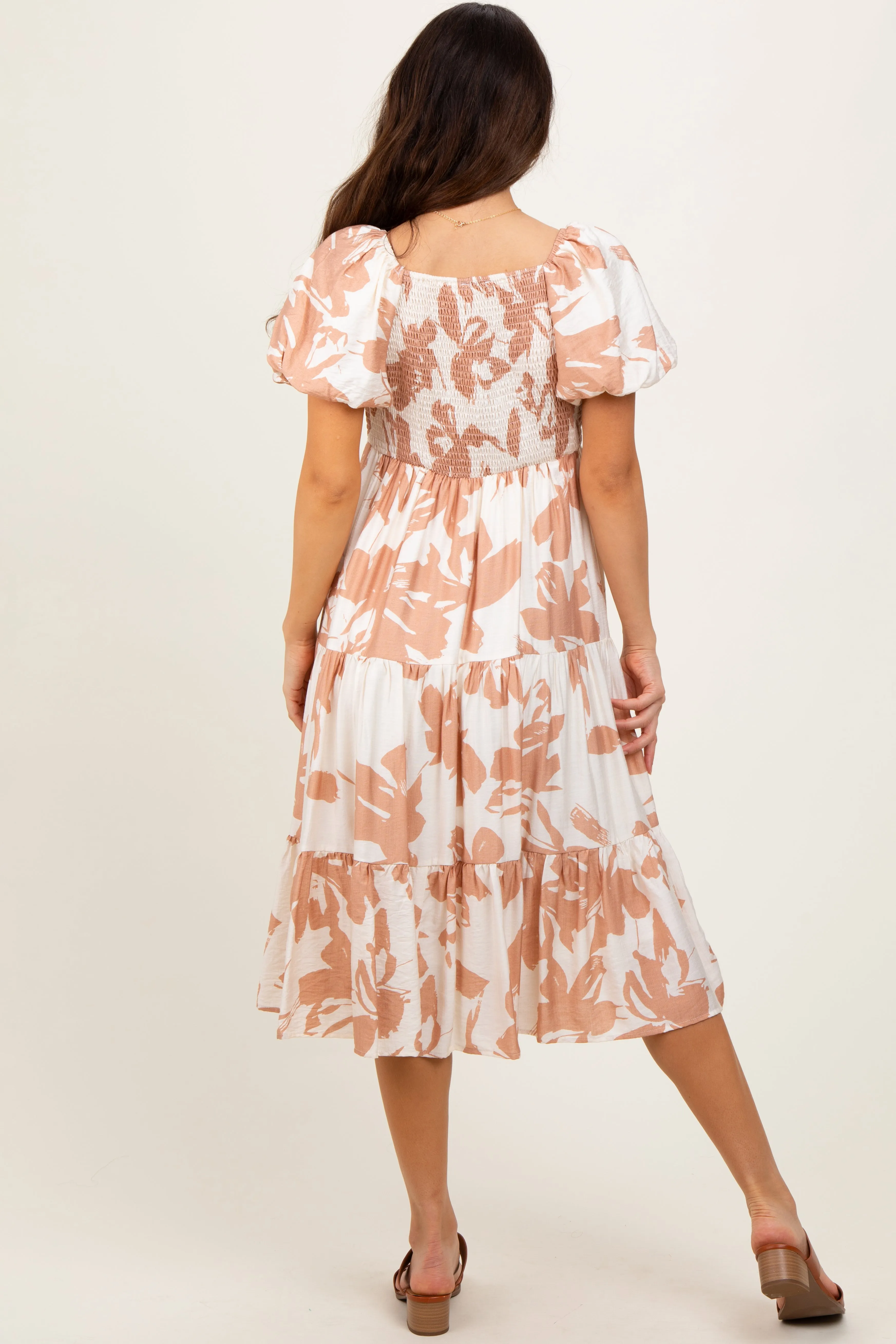 Ivory Floral Puff Sleeve Tiered Midi Dress sold by Pinkblush product image thumbnail 2