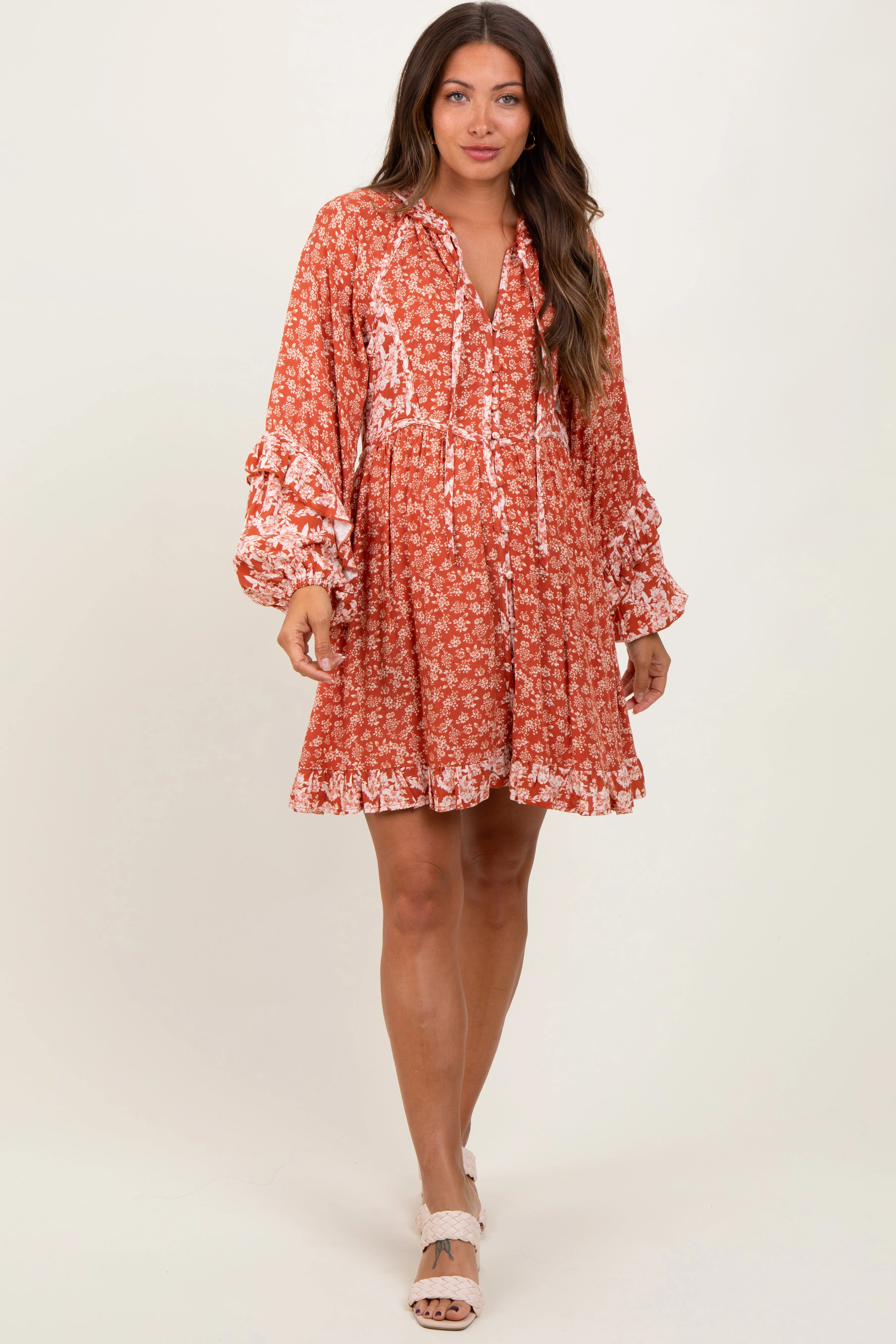 Rust Mixed Floral Tie Front Ruffle Accent Maternity Dress sold by Pinkblush product image thumbnail 2