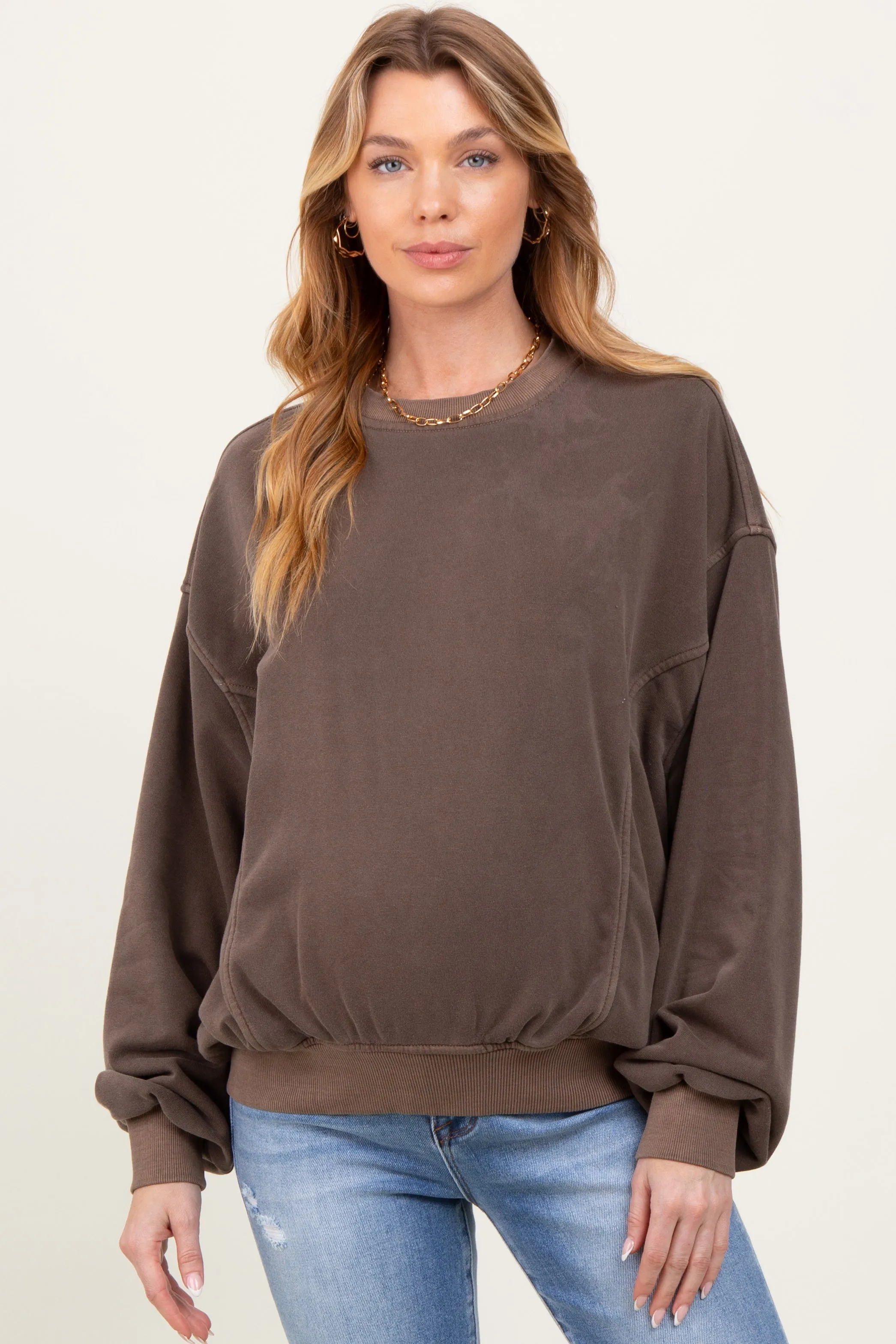 Brown Fleece Drop Shoulder Maternity Sweatshirt sold by Pinkblush