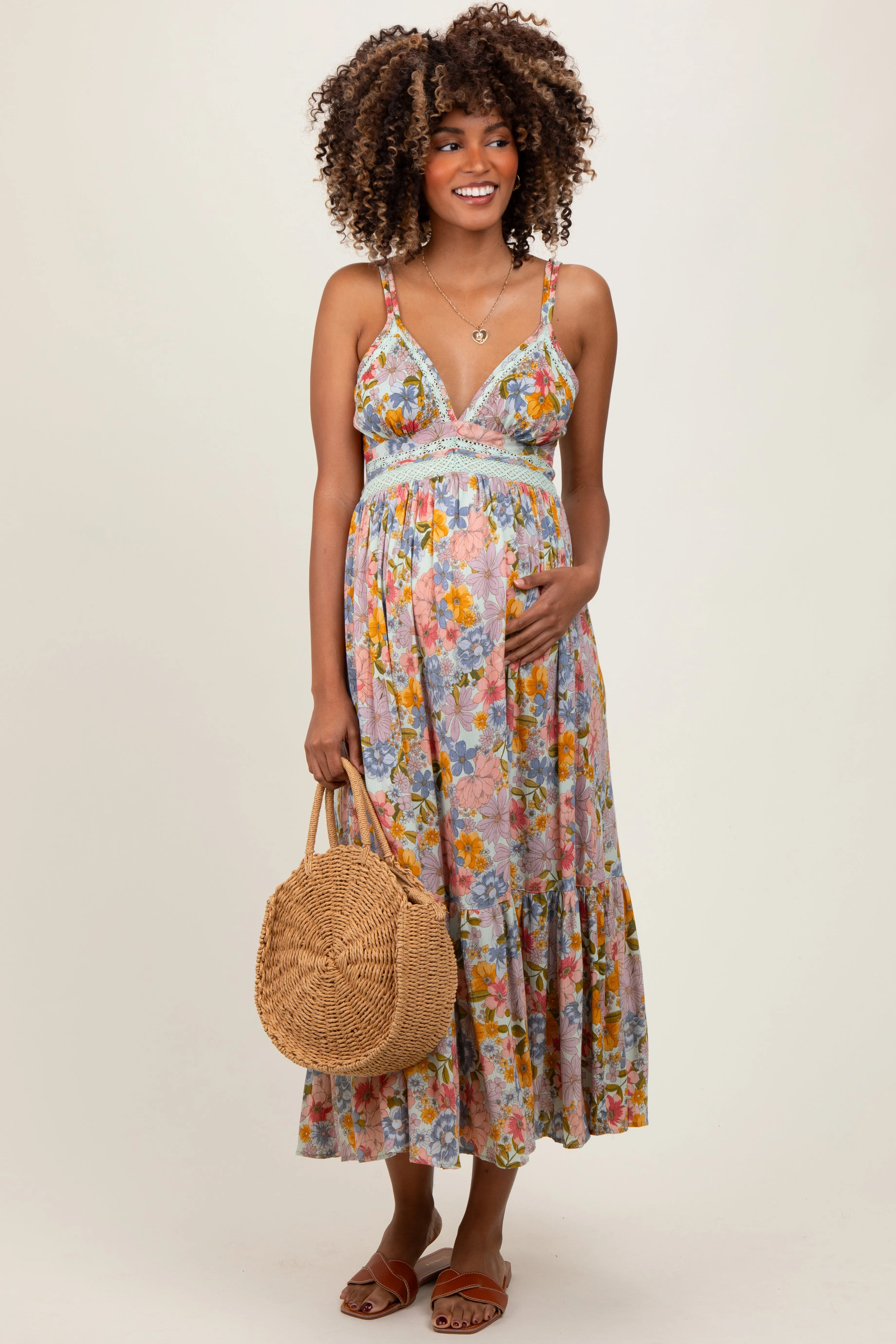 Muticolor Floral Double Strap Lace Trim Maternity Midi Dress sold by Pinkblush