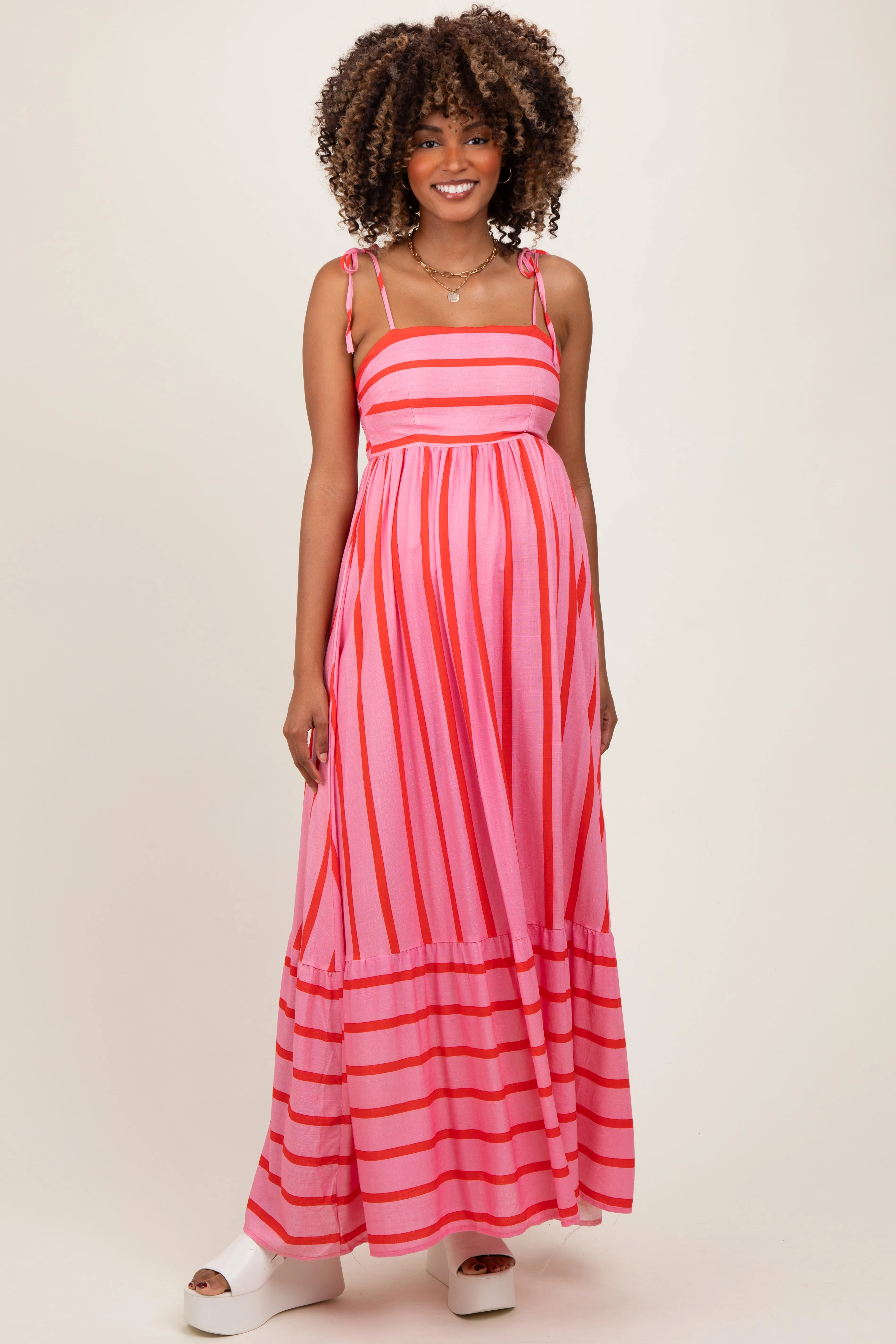 Pink Striped Shoulder Tie Maternity Maxi Dress sold by Pinkblush