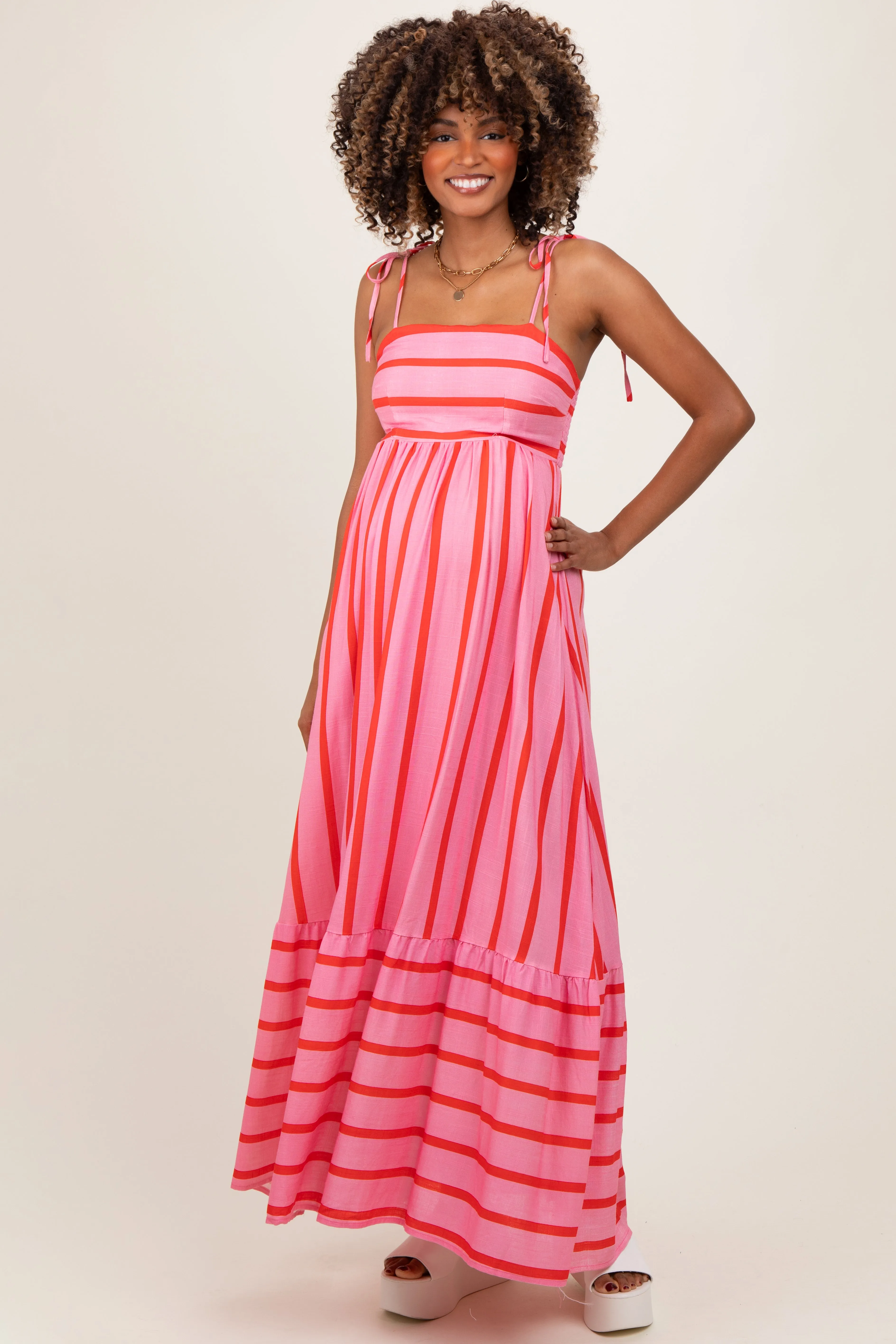 Pink Striped Shoulder Tie Maternity Maxi Dress sold by Pinkblush product image thumbnail 2