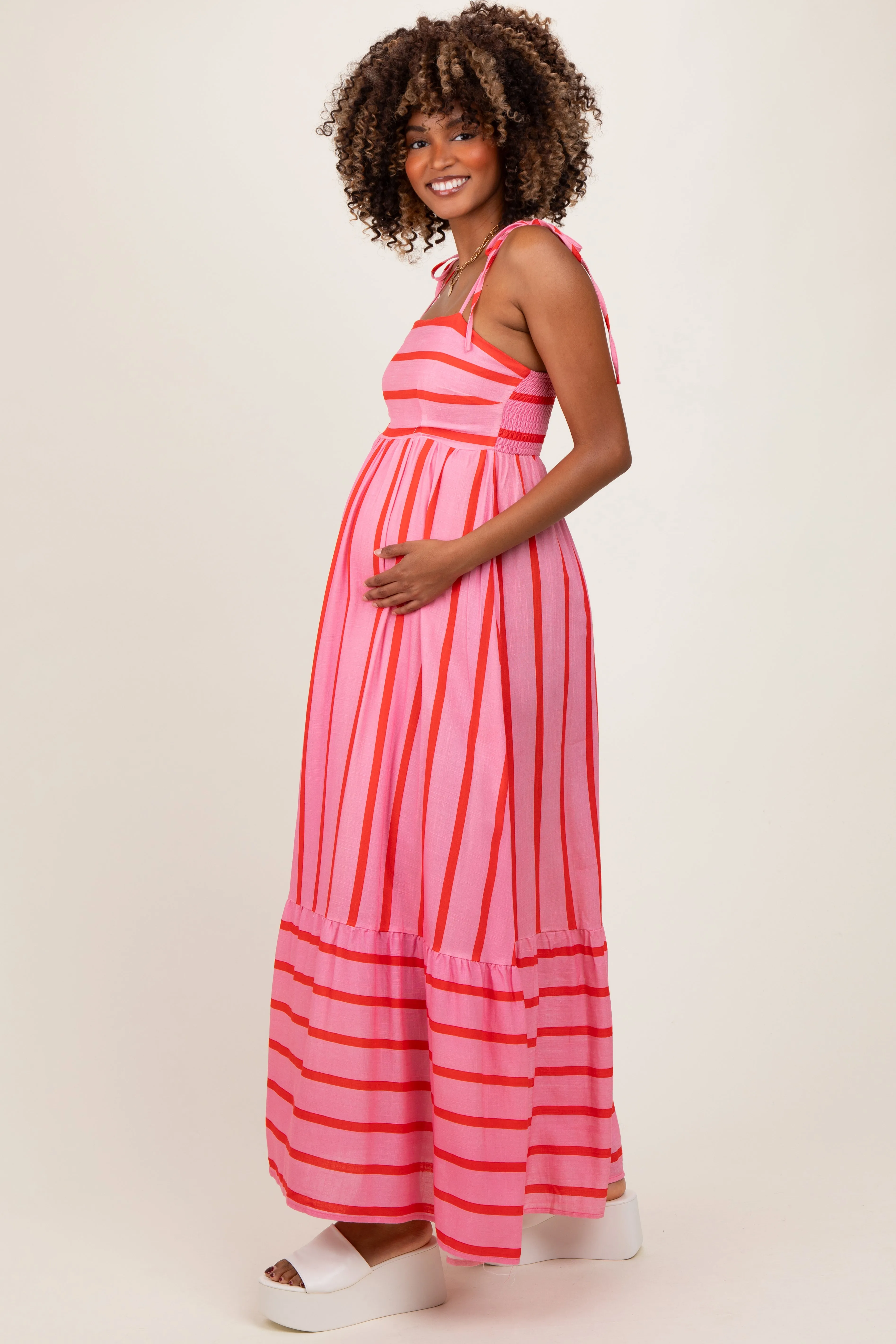 Pink Striped Shoulder Tie Maternity Maxi Dress sold by Pinkblush product image thumbnail 3