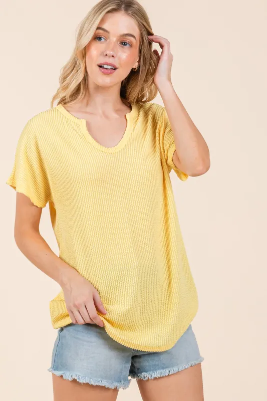 Yellow Ribbed Notched Neckline Top sold by Pinkblush