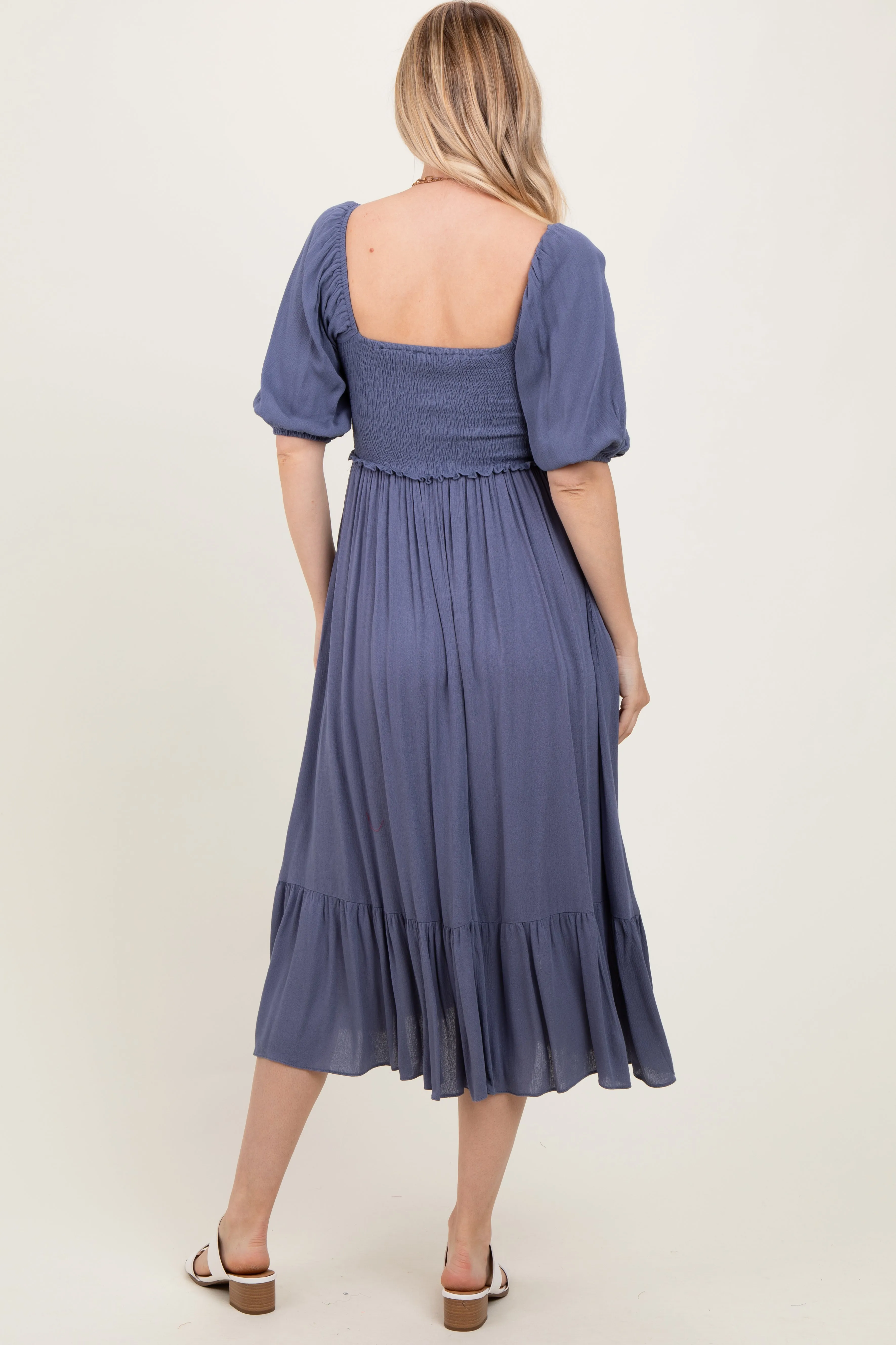 Blue Smocked Cinched Front Maxi Dress sold by Pinkblush product image thumbnail 4