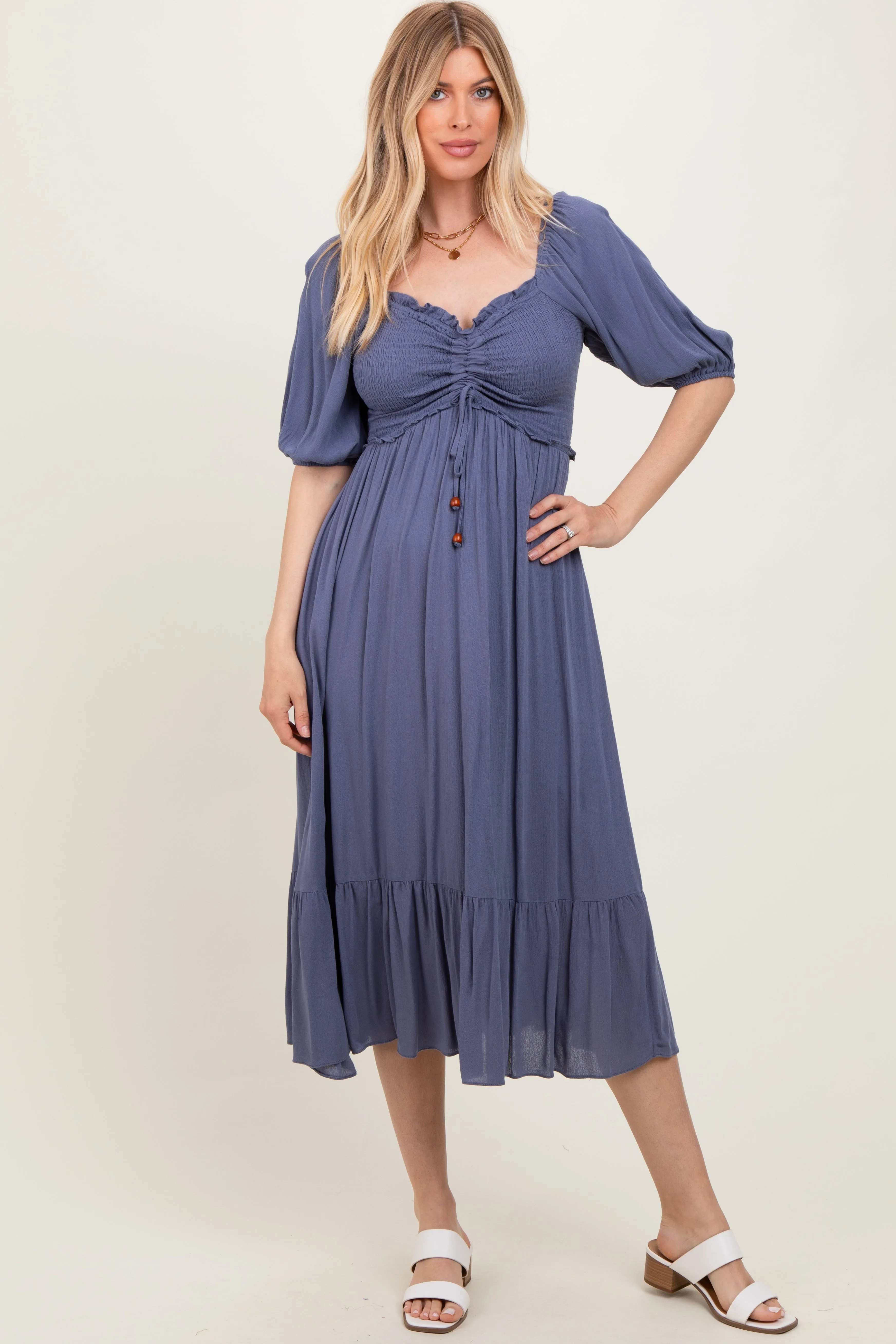 Blue Smocked Cinched Front Maxi Dress sold by Pinkblush