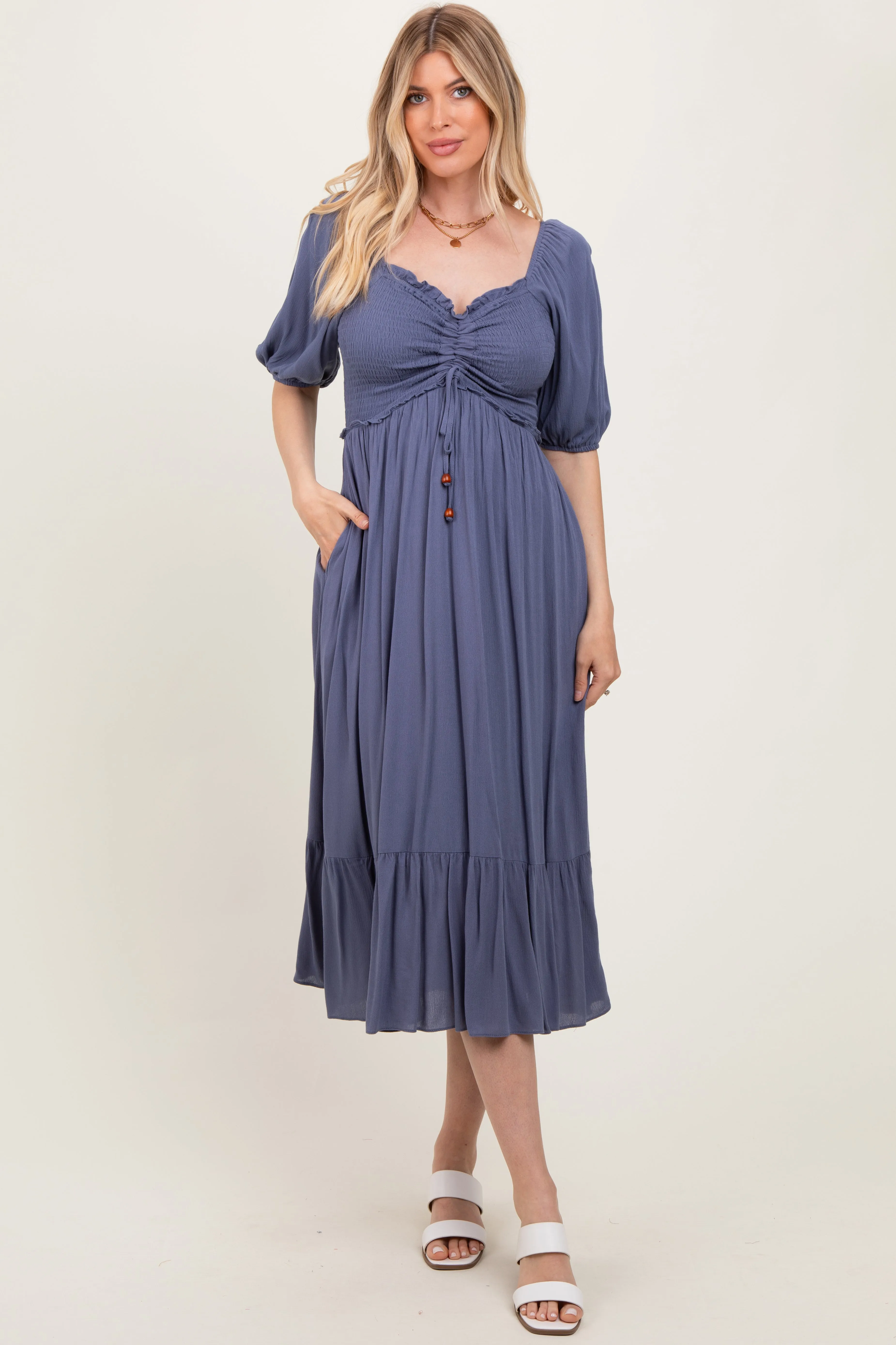 Blue Smocked Cinched Front Maxi Dress sold by Pinkblush product image thumbnail 2