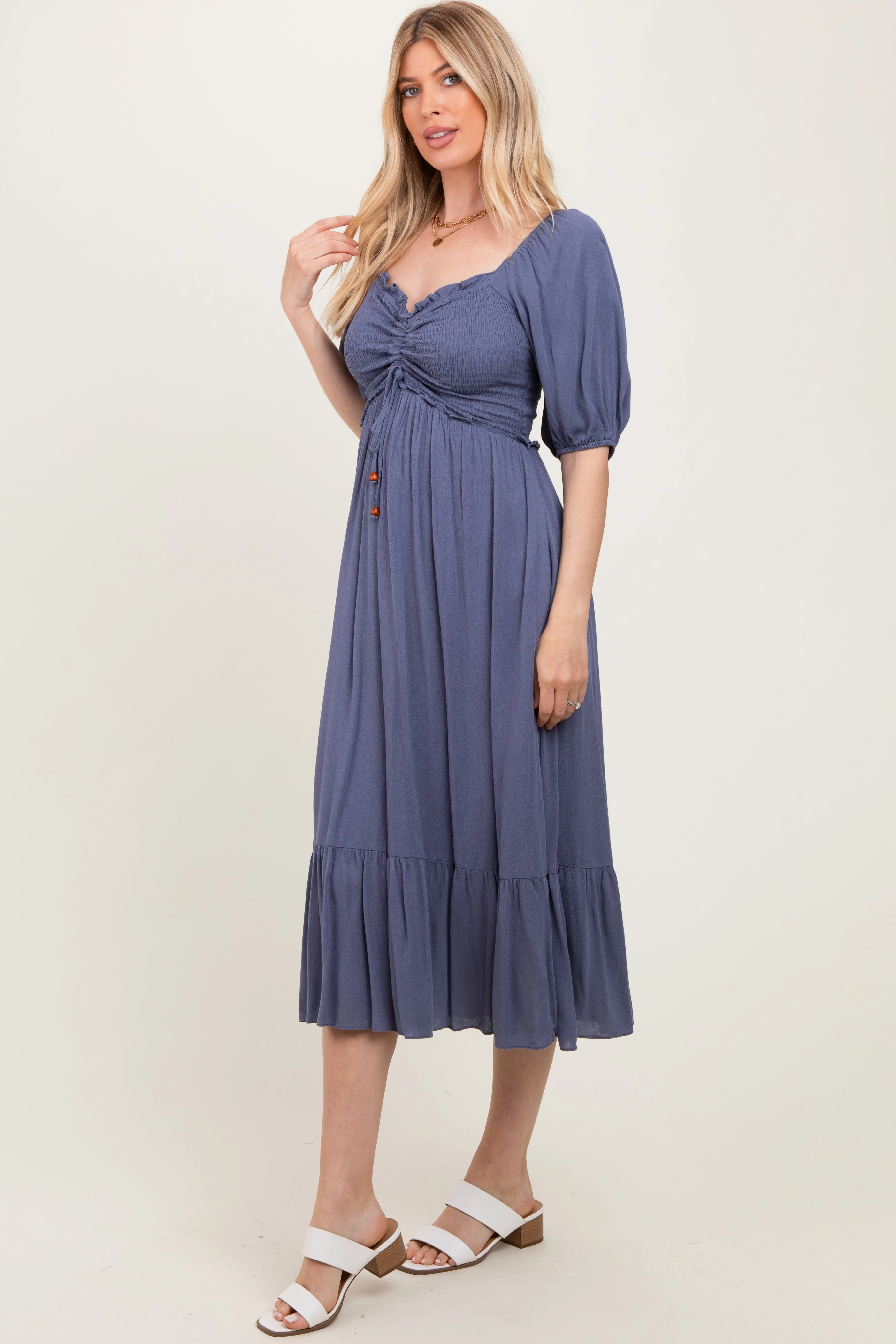 Blue Smocked Cinched Front Maxi Dress sold by Pinkblush product image thumbnail 3