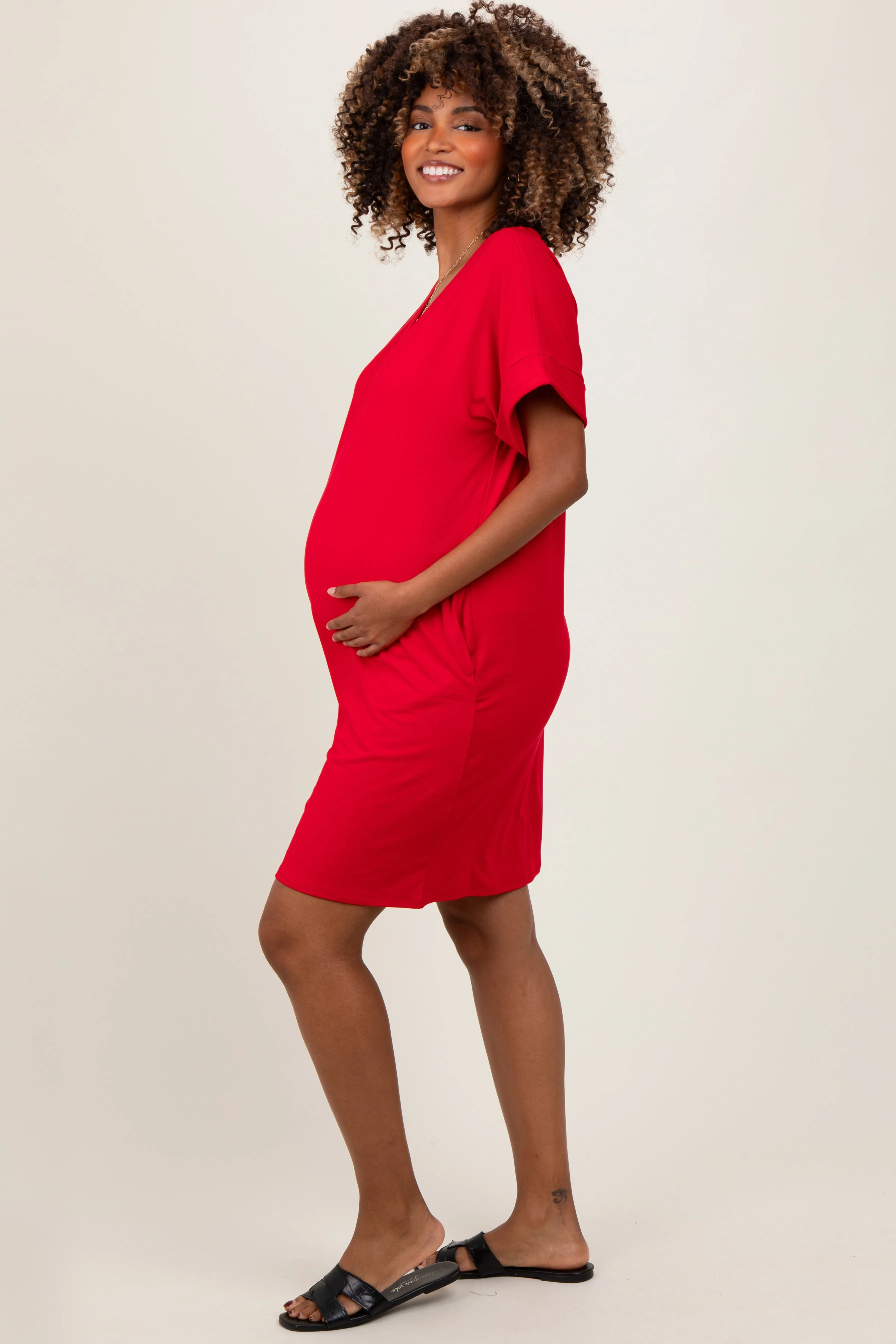 Red Brushed Rolled Short Sleeve V-Neck Maternity Dress sold by Pinkblush product image thumbnail 2