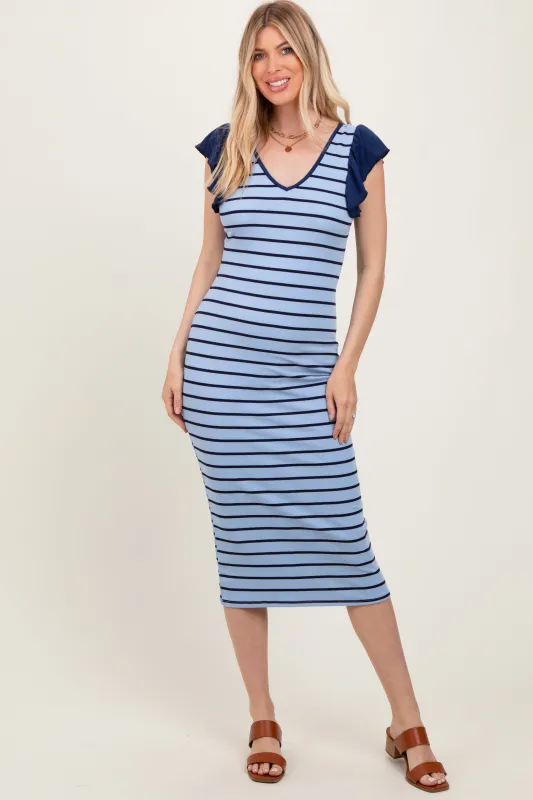 Light Blue Striped Ribbed Ruffle Sleeve Open Back Midi Dress sold by Pinkblush