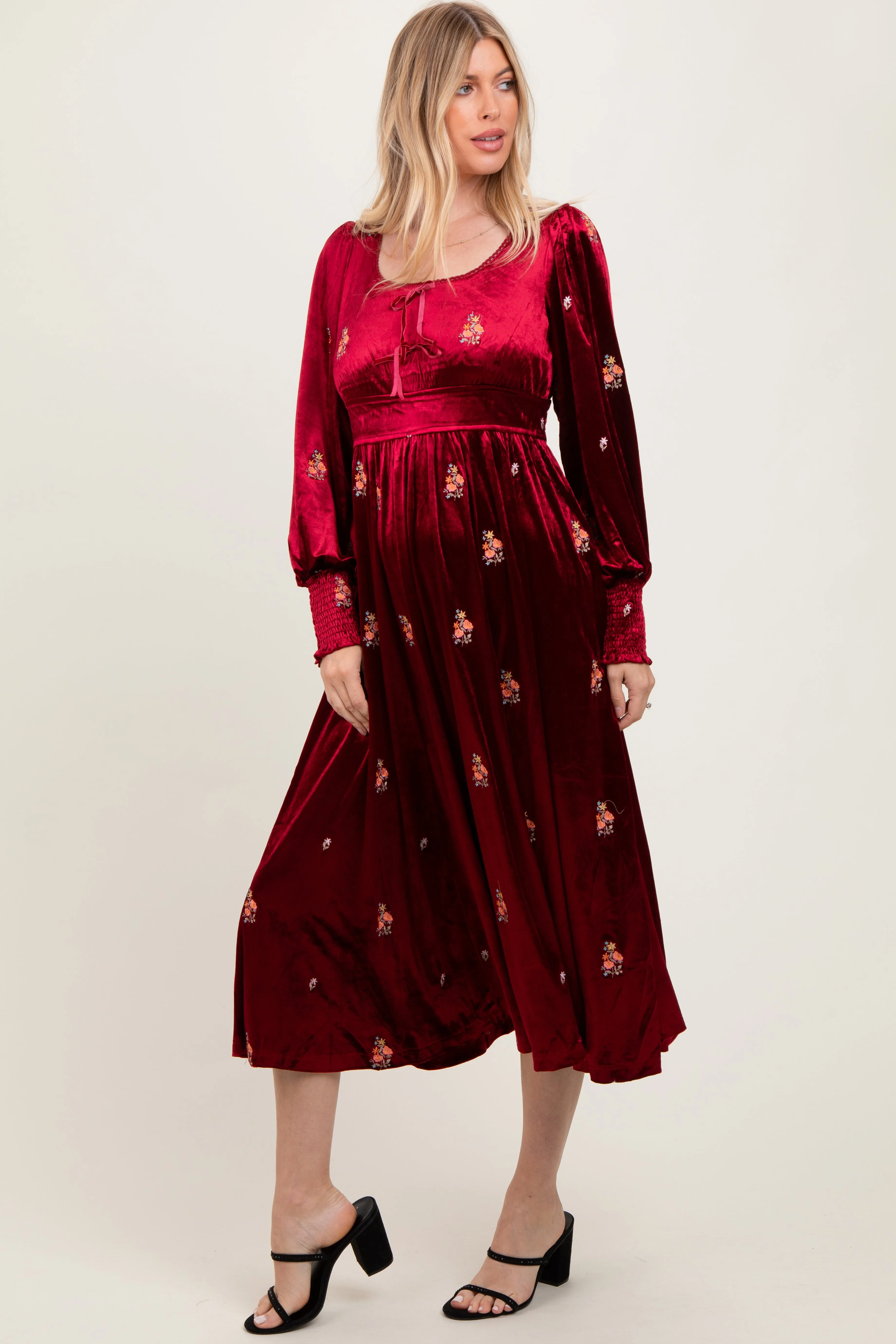 Red Velvet Embroidered Floral Midi Dress sold by Pinkblush product image thumbnail 3