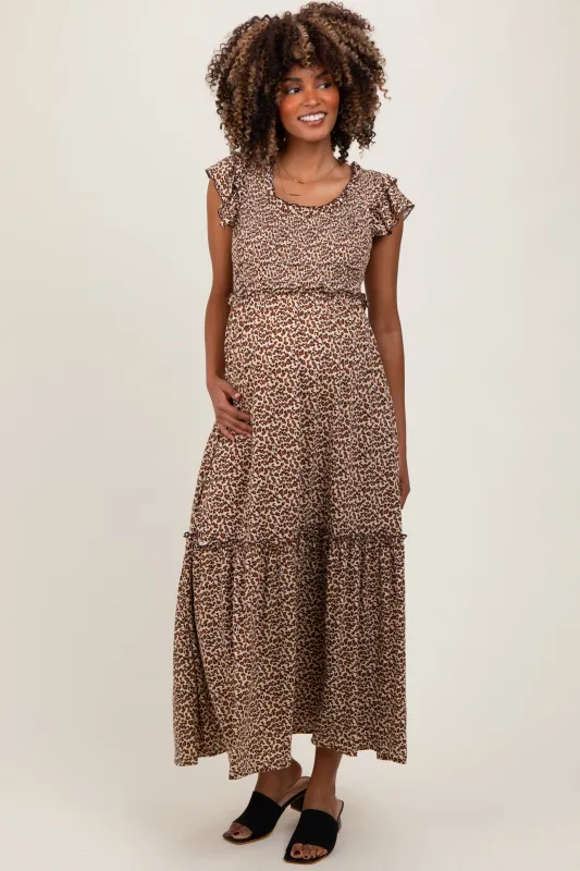 Mocha Leopard Print Ruffle Sleeve Tiered Maternity Maxi Dress sold by Pinkblush