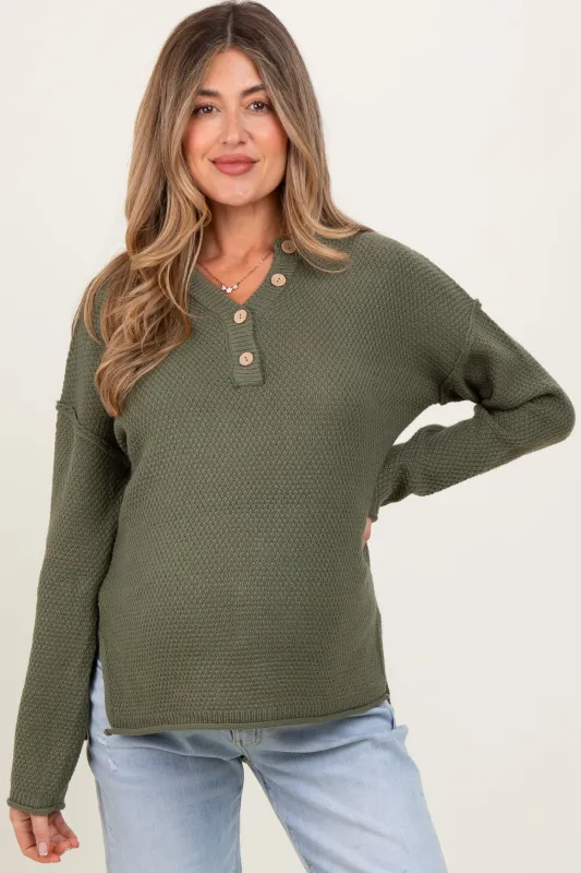 Light Olive Diamond Knit Button Detail Maternity Sweater sold by Pinkblush