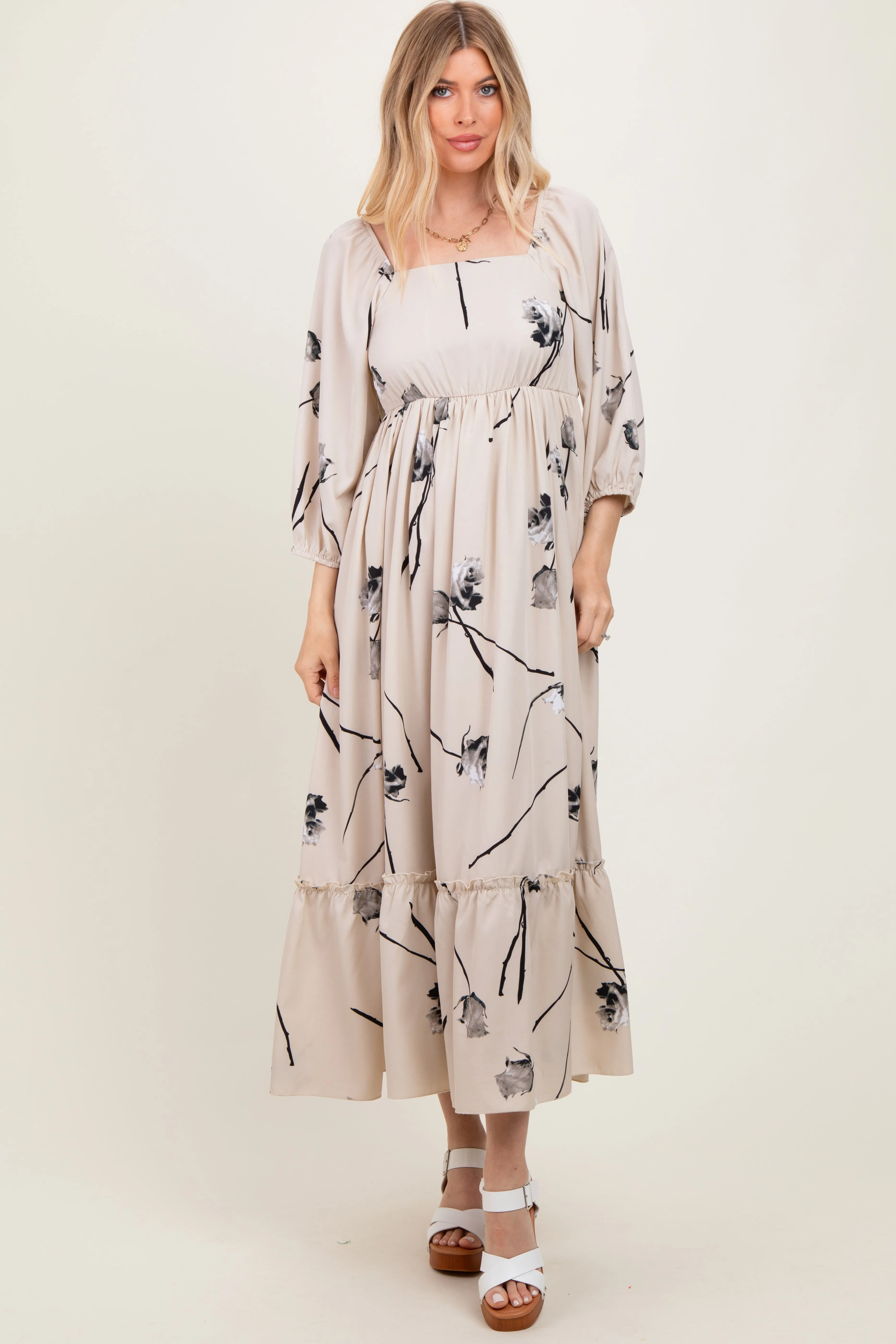 Cream Floral Square Neck Midi Dress sold by Pinkblush product image thumbnail 2