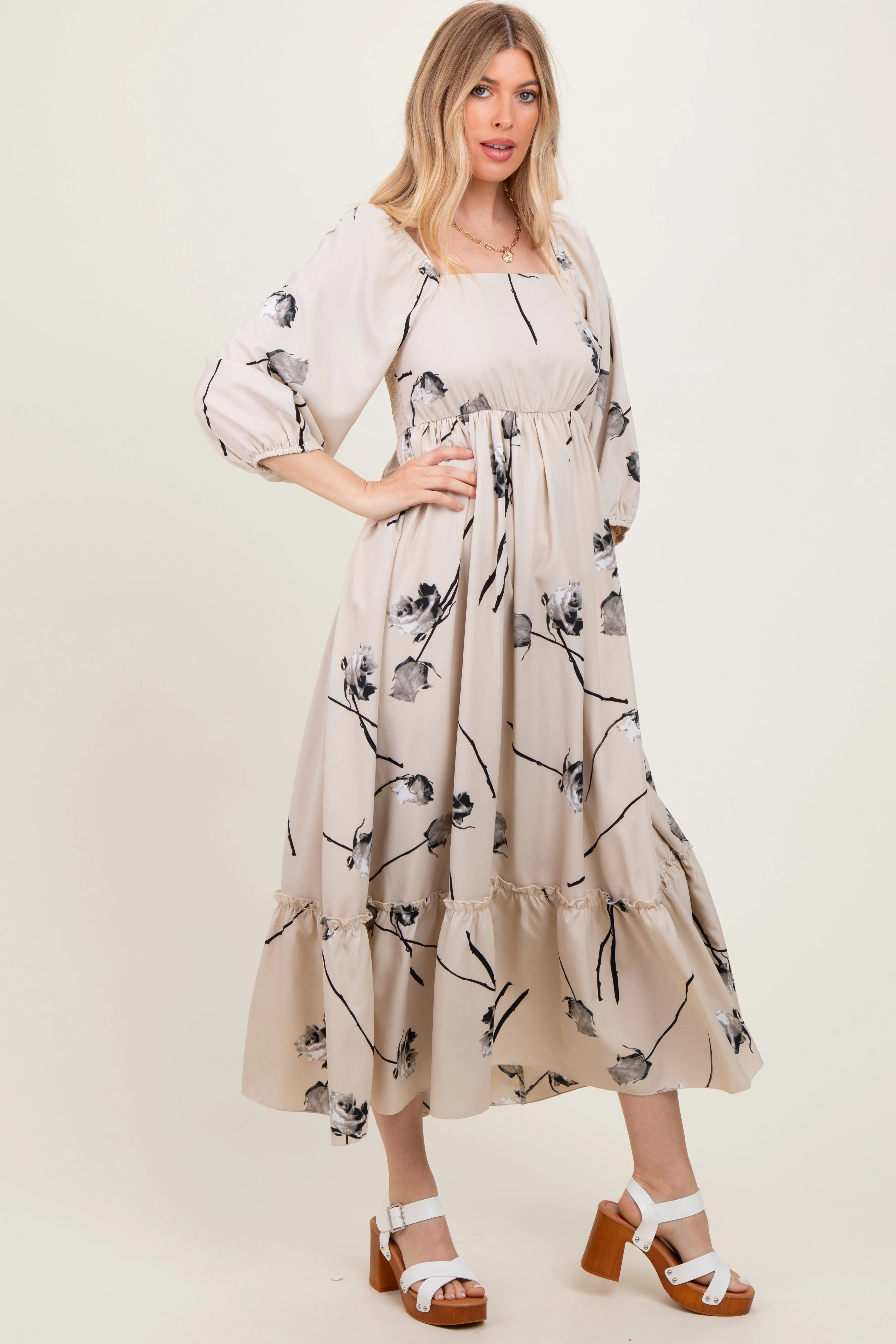 Cream Floral Square Neck Midi Dress sold by Pinkblush product image thumbnail 3