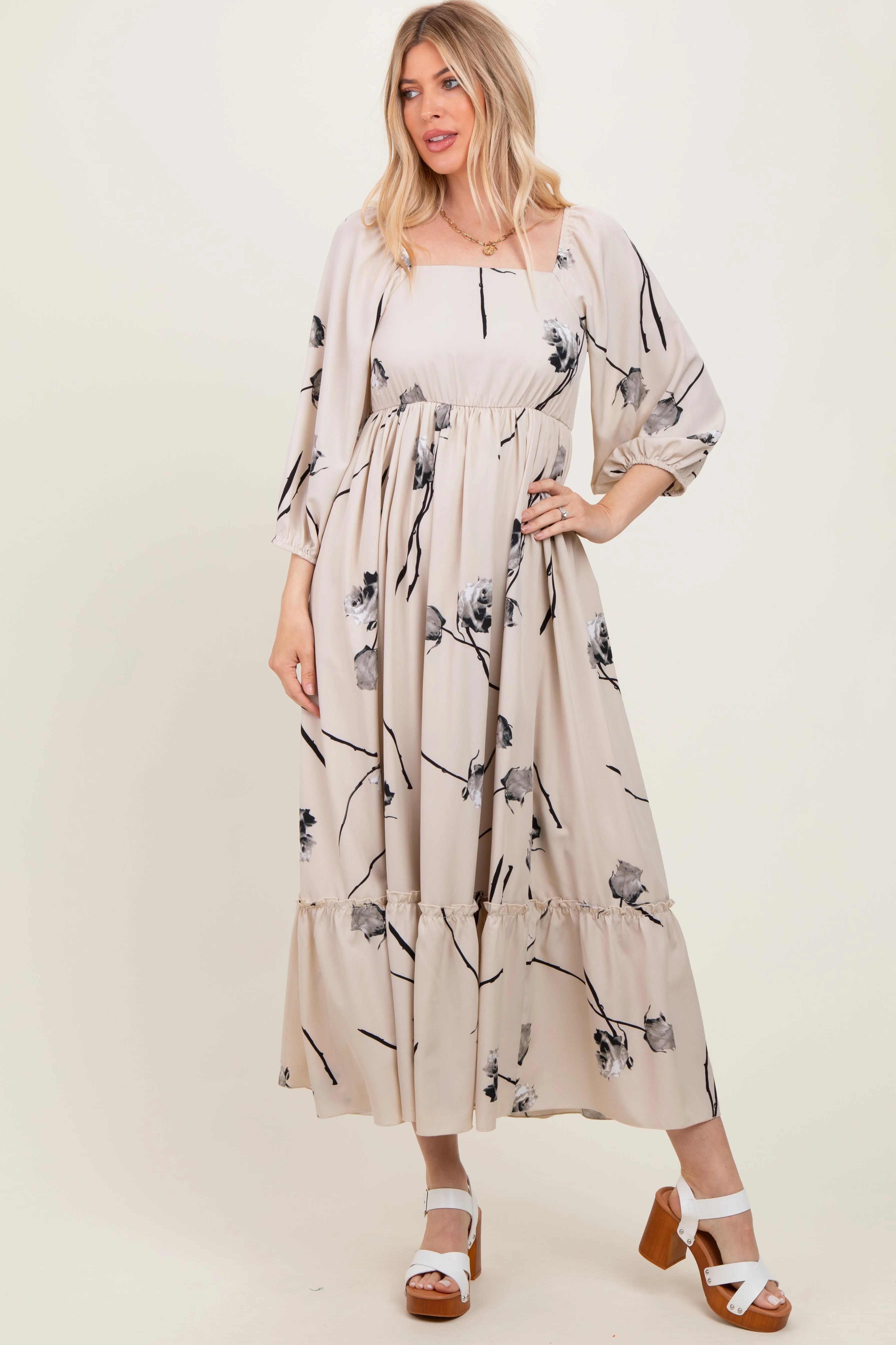 Cream Floral Square Neck Midi Dress sold by Pinkblush