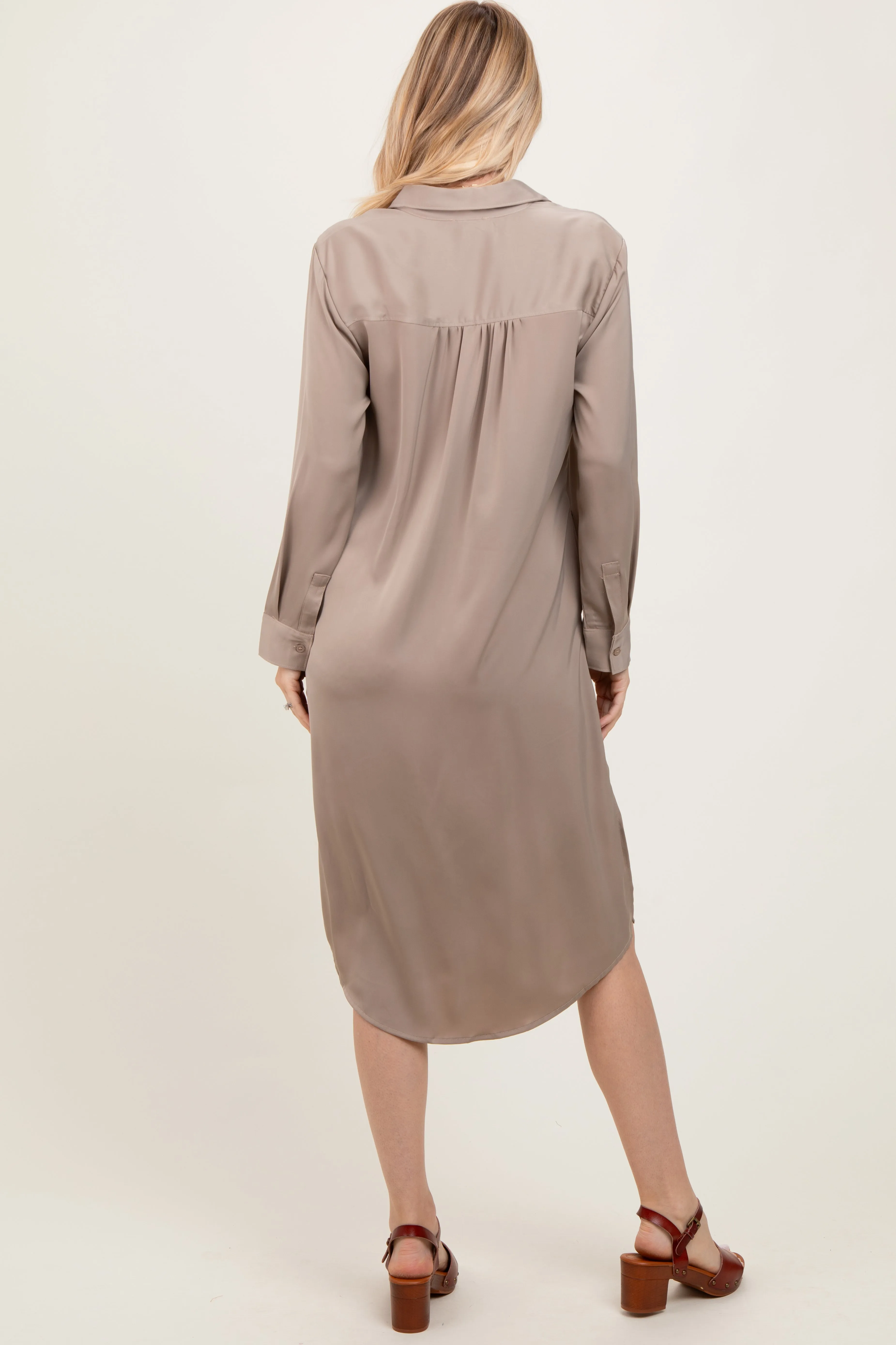 Light Taupe Long Sleeve Midi Shirt Dress sold by Pinkblush product image thumbnail 4