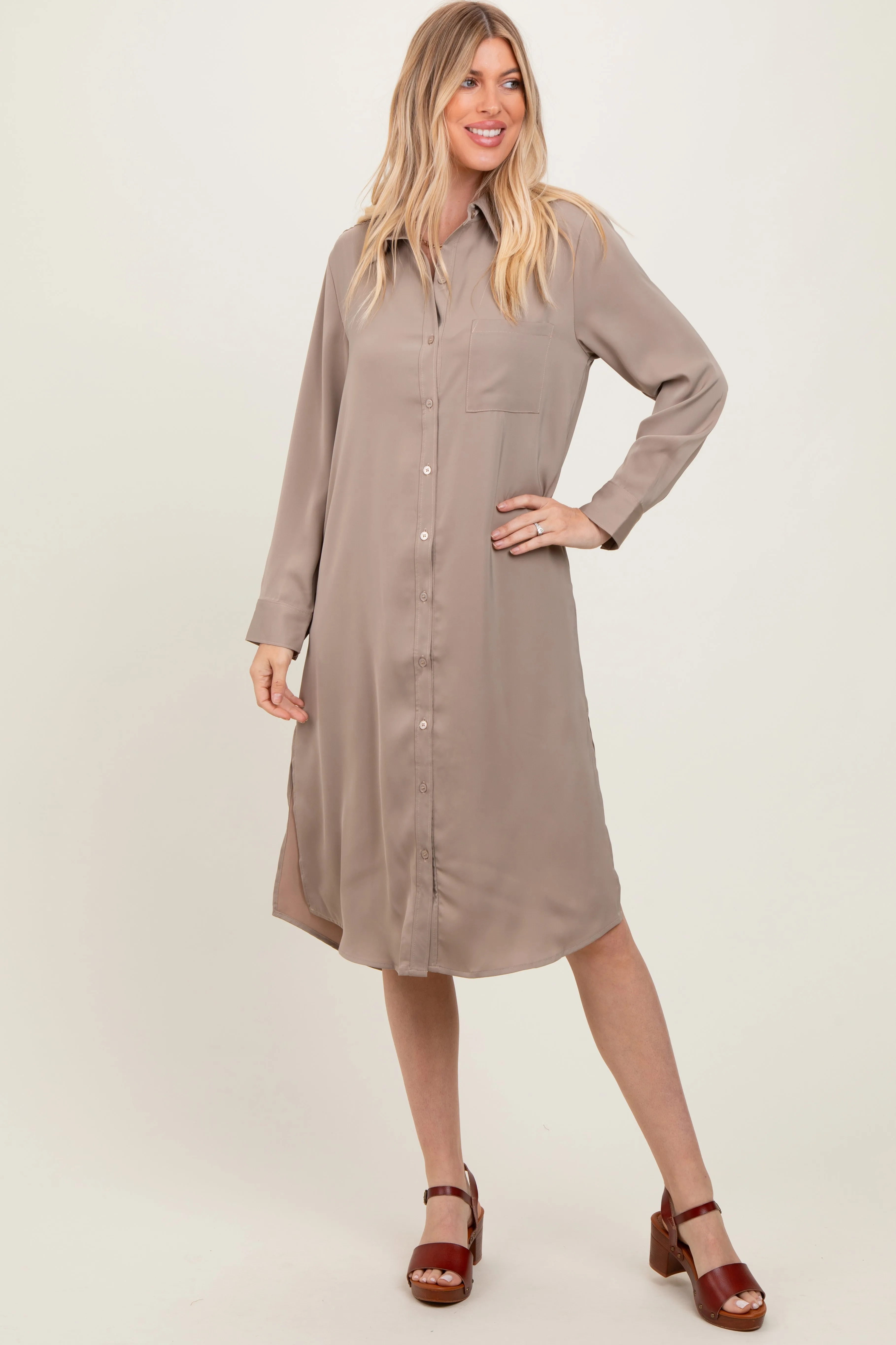 Light Taupe Long Sleeve Midi Shirt Dress sold by Pinkblush