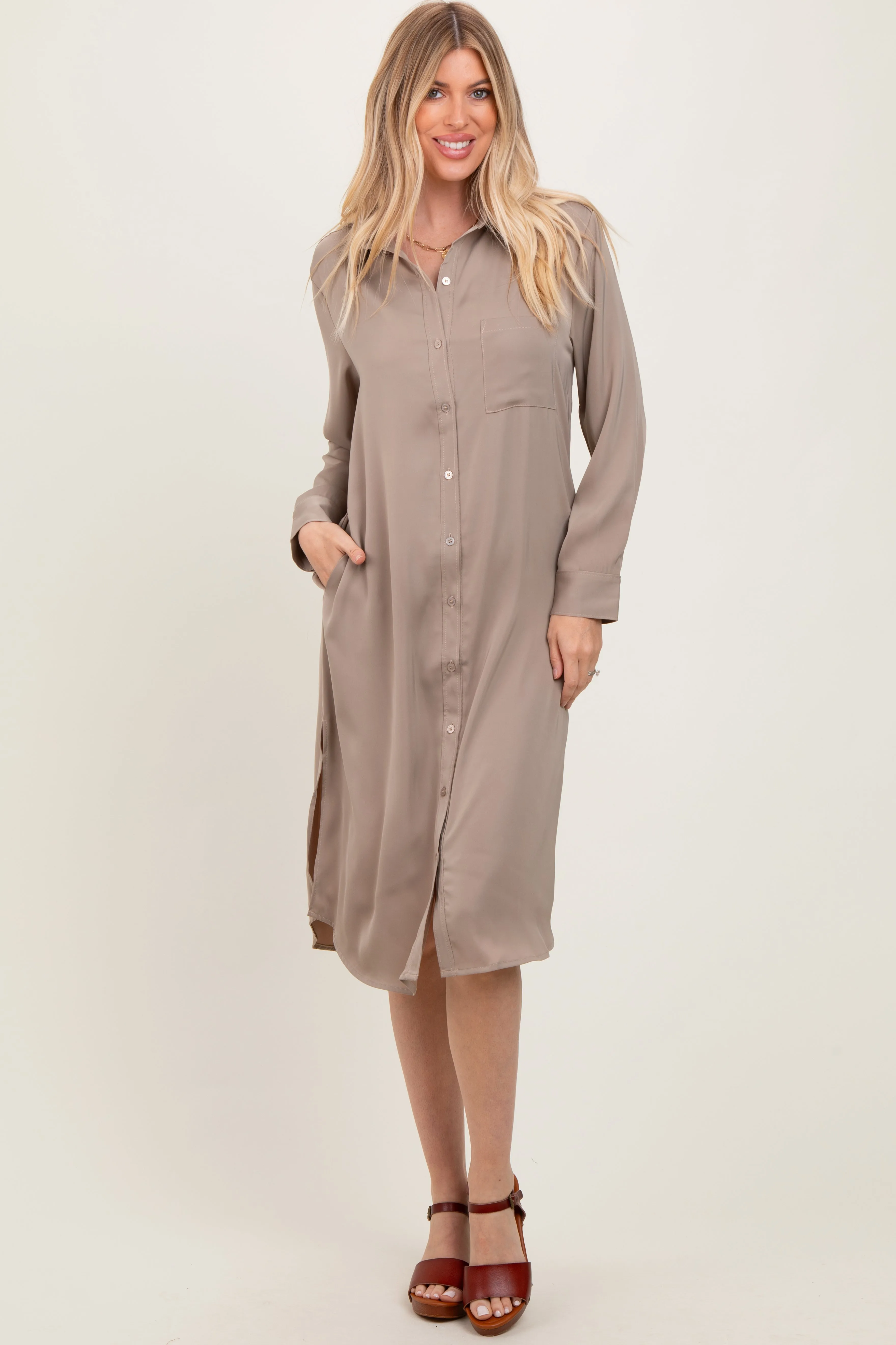 Light Taupe Long Sleeve Midi Shirt Dress sold by Pinkblush product image thumbnail 2