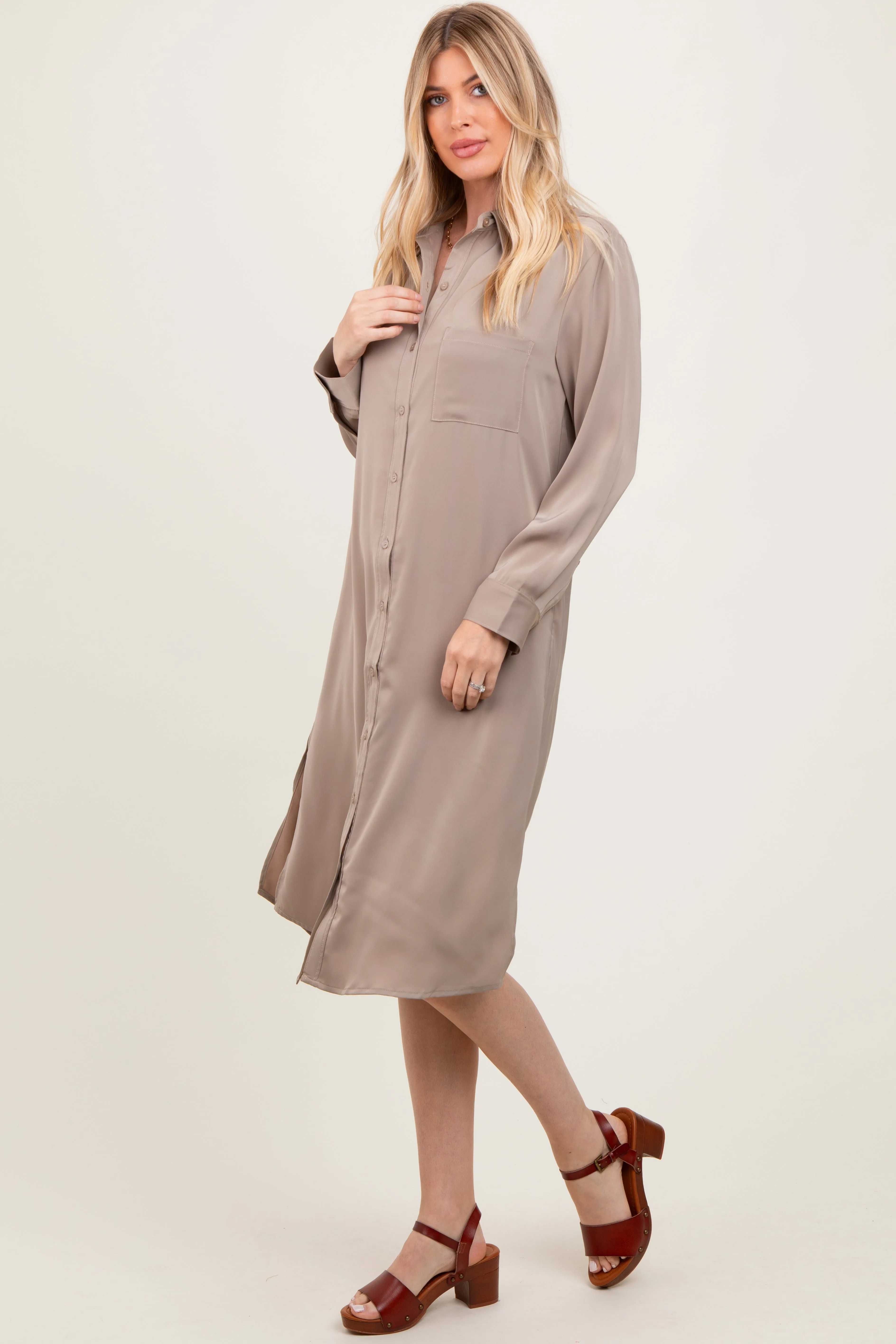 Light Taupe Long Sleeve Midi Shirt Dress sold by Pinkblush product image thumbnail 3