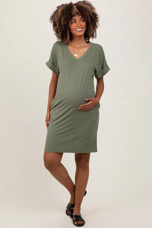 Light Olive Brushed Rolled Short Sleeve V-Neck Maternity Dress sold by Pinkblush
