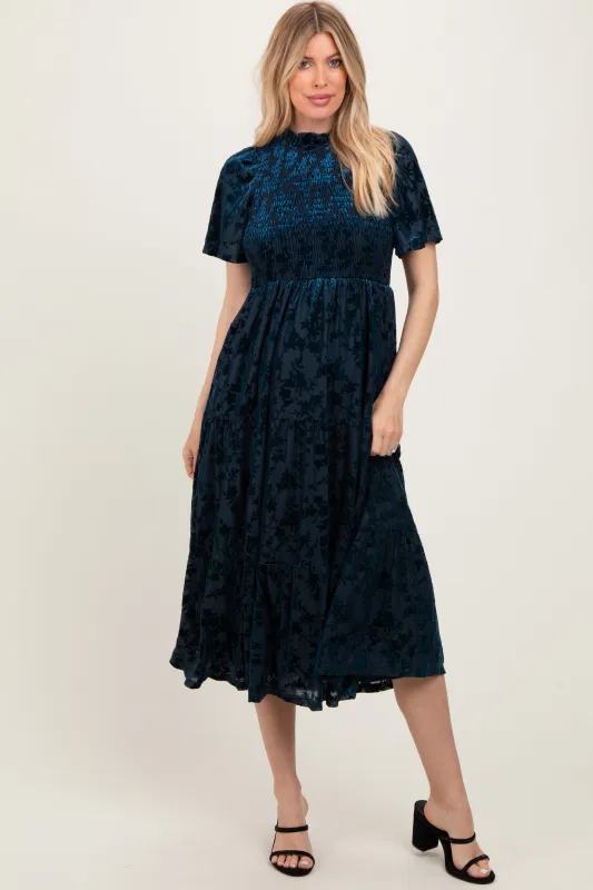 Navy Floral Velvet Print Smocked Midi Dress sold by Pinkblush