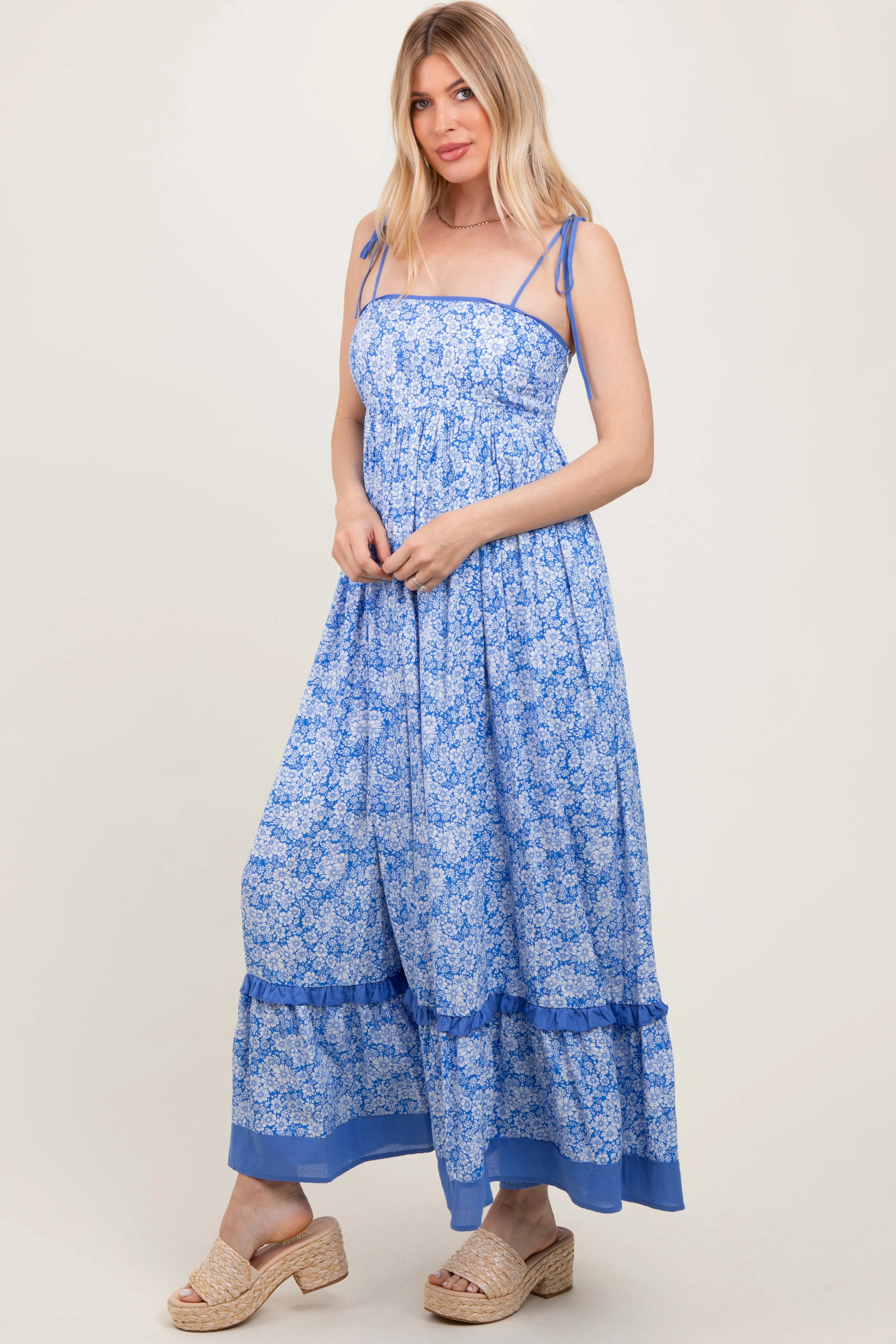 Blue Floral Shoulder Tie Maxi Dress sold by Pinkblush product image thumbnail 2