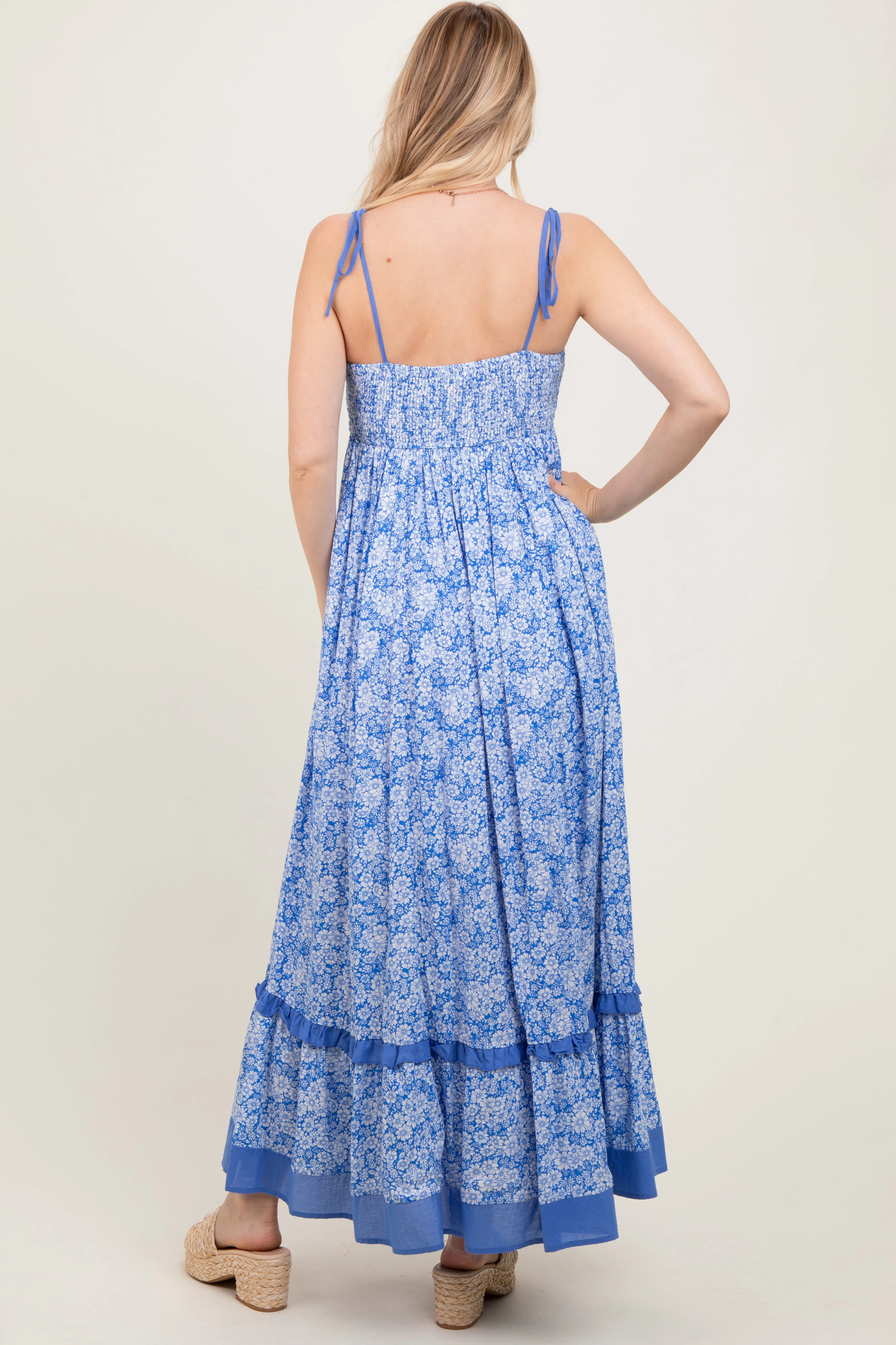 Blue Floral Shoulder Tie Maxi Dress sold by Pinkblush product image thumbnail 3