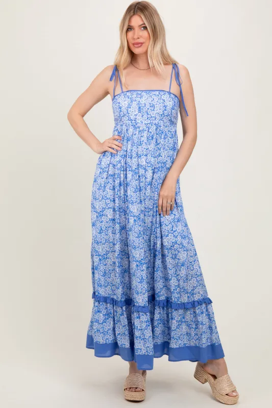 Blue Floral Shoulder Tie Maxi Dress sold by Pinkblush