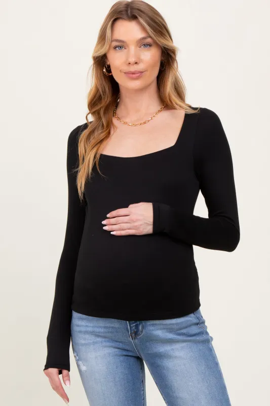 Black Square Neck Long Sleeve Maternity Top sold by Pinkblush