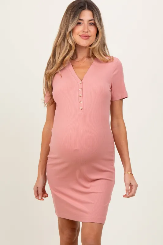 Mauve Ribbed Short Sleeve Henley Maternity Dress made by Pinkblush