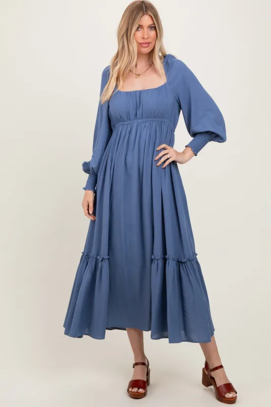 Blue Square Neckline Bubble Sleeve Maxi Dress sold by Pinkblush
