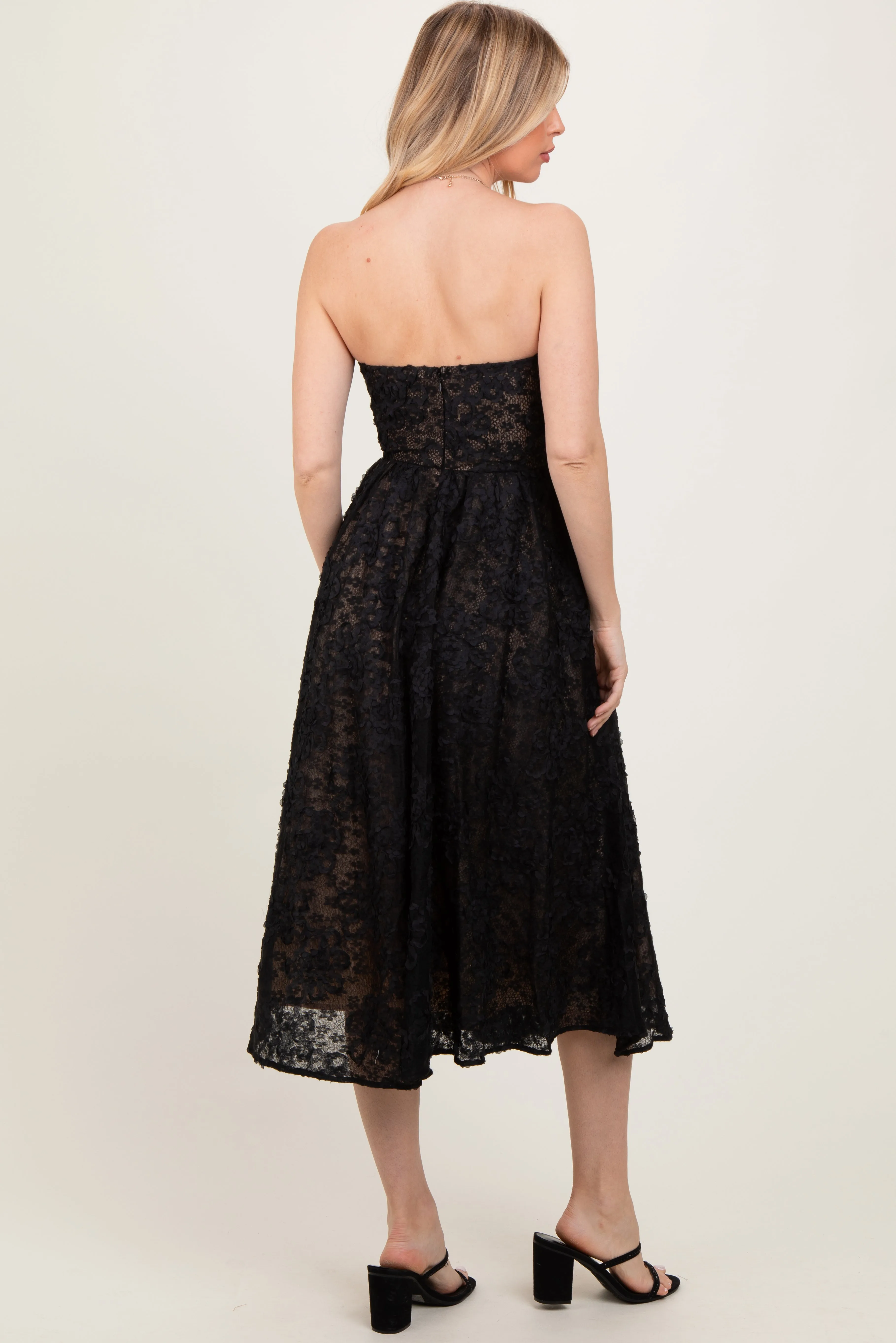 Black Floral Lace Embroidered Overlay Strapless Midi Dress sold by Pinkblush product image thumbnail 3