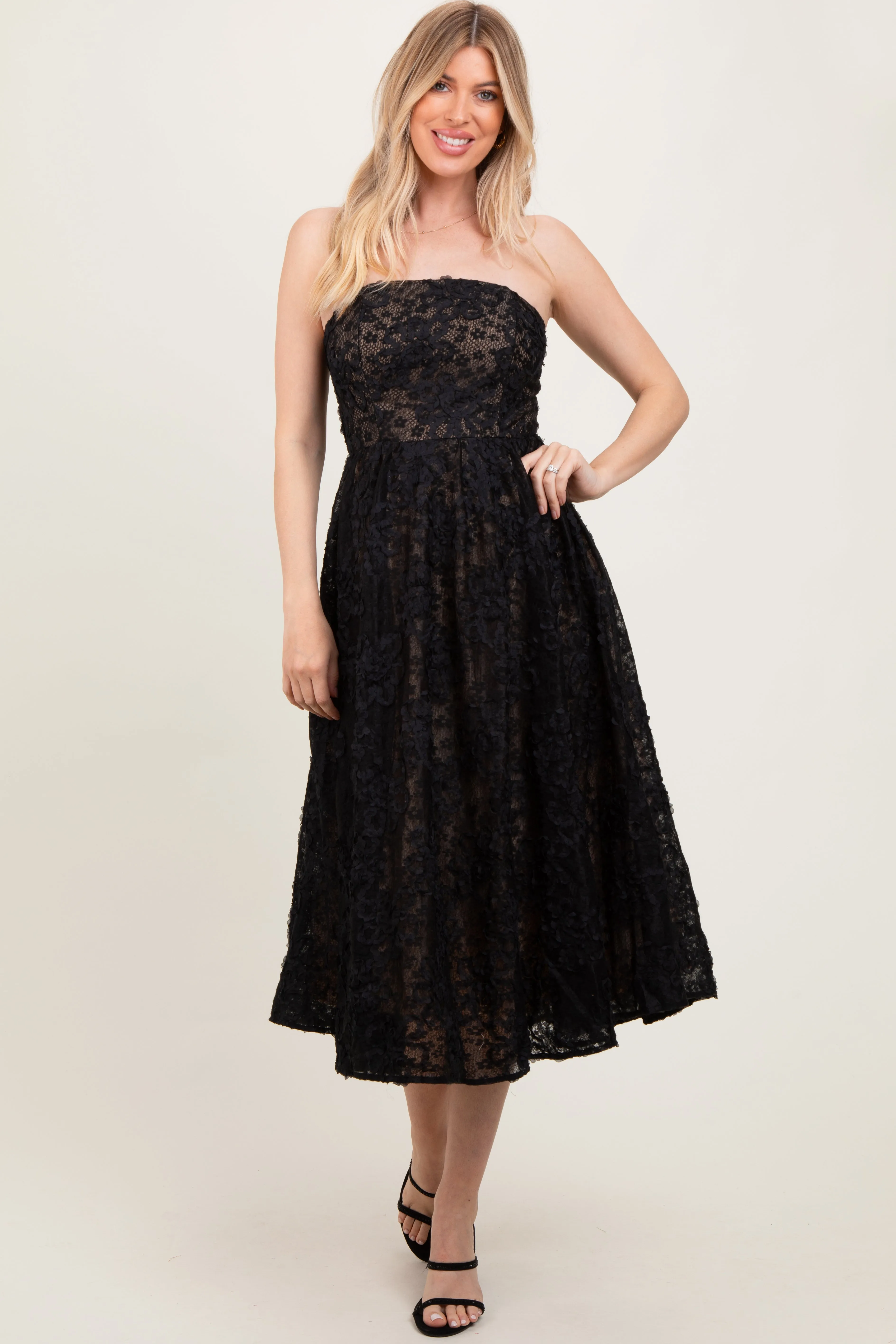 Black Floral Lace Embroidered Overlay Strapless Midi Dress sold by Pinkblush