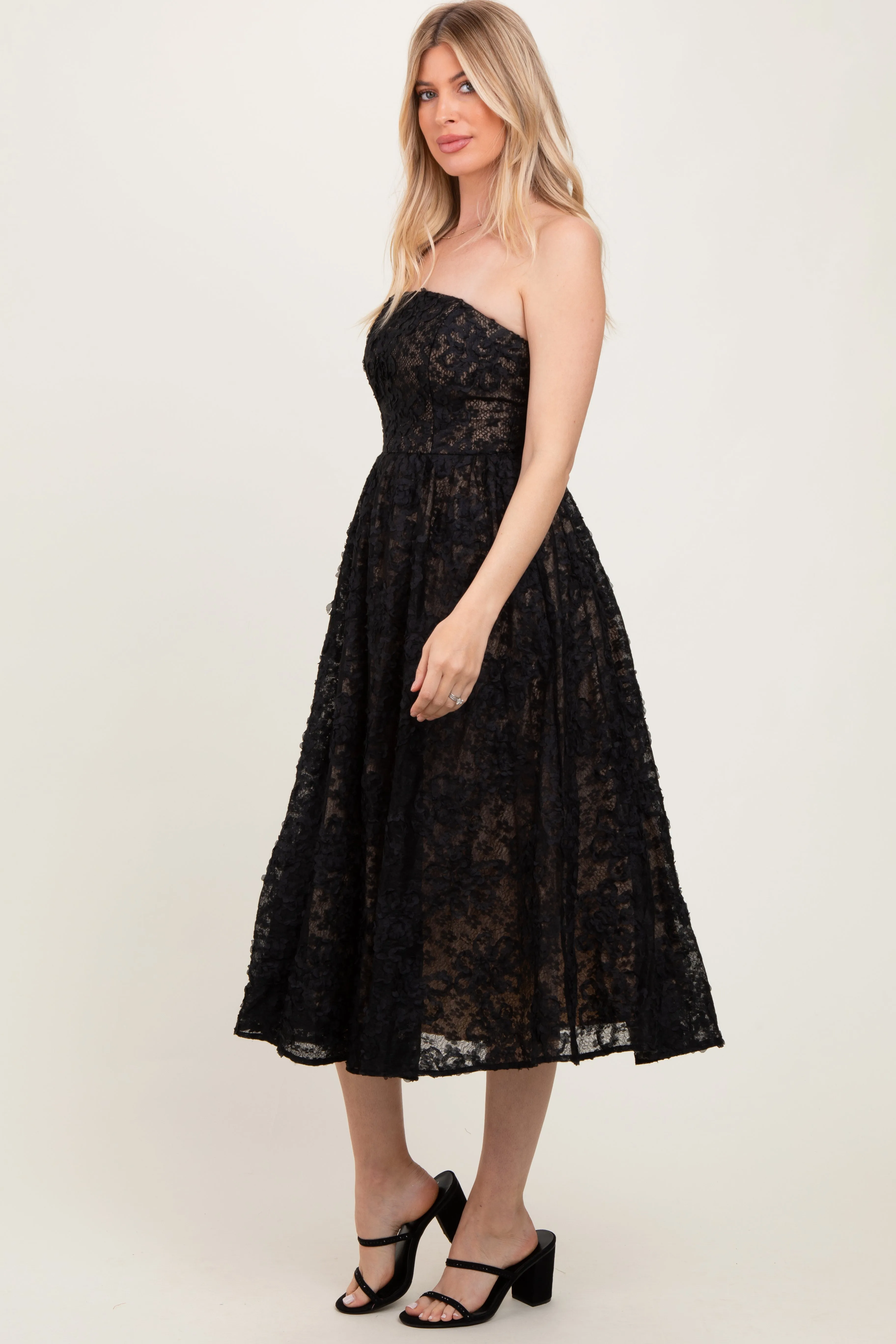 Black Floral Lace Embroidered Overlay Strapless Midi Dress sold by Pinkblush product image thumbnail 2