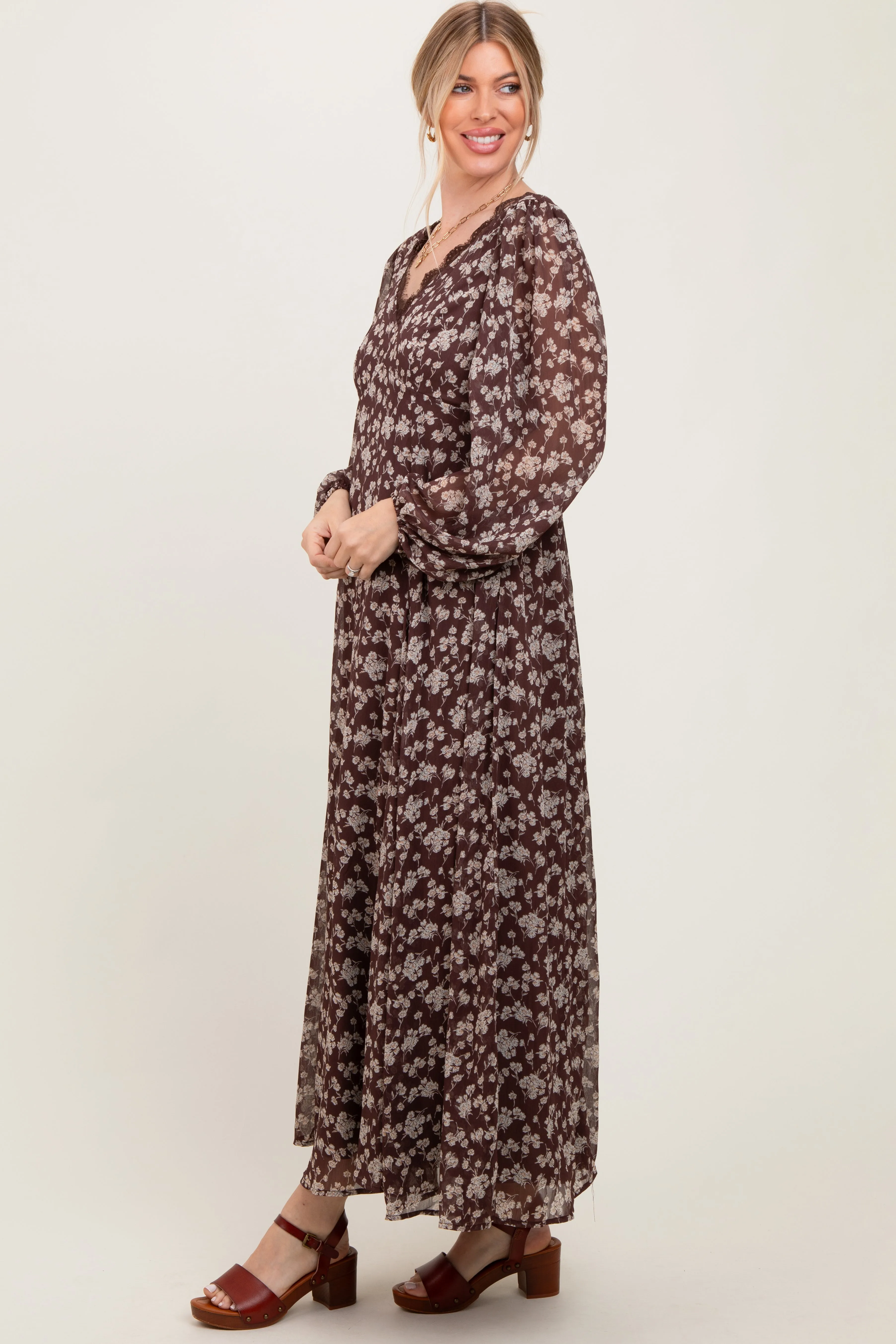 Brown Floral Chiffon Lace Trim Back Tie Maxi Dress sold by Pinkblush product image thumbnail 2