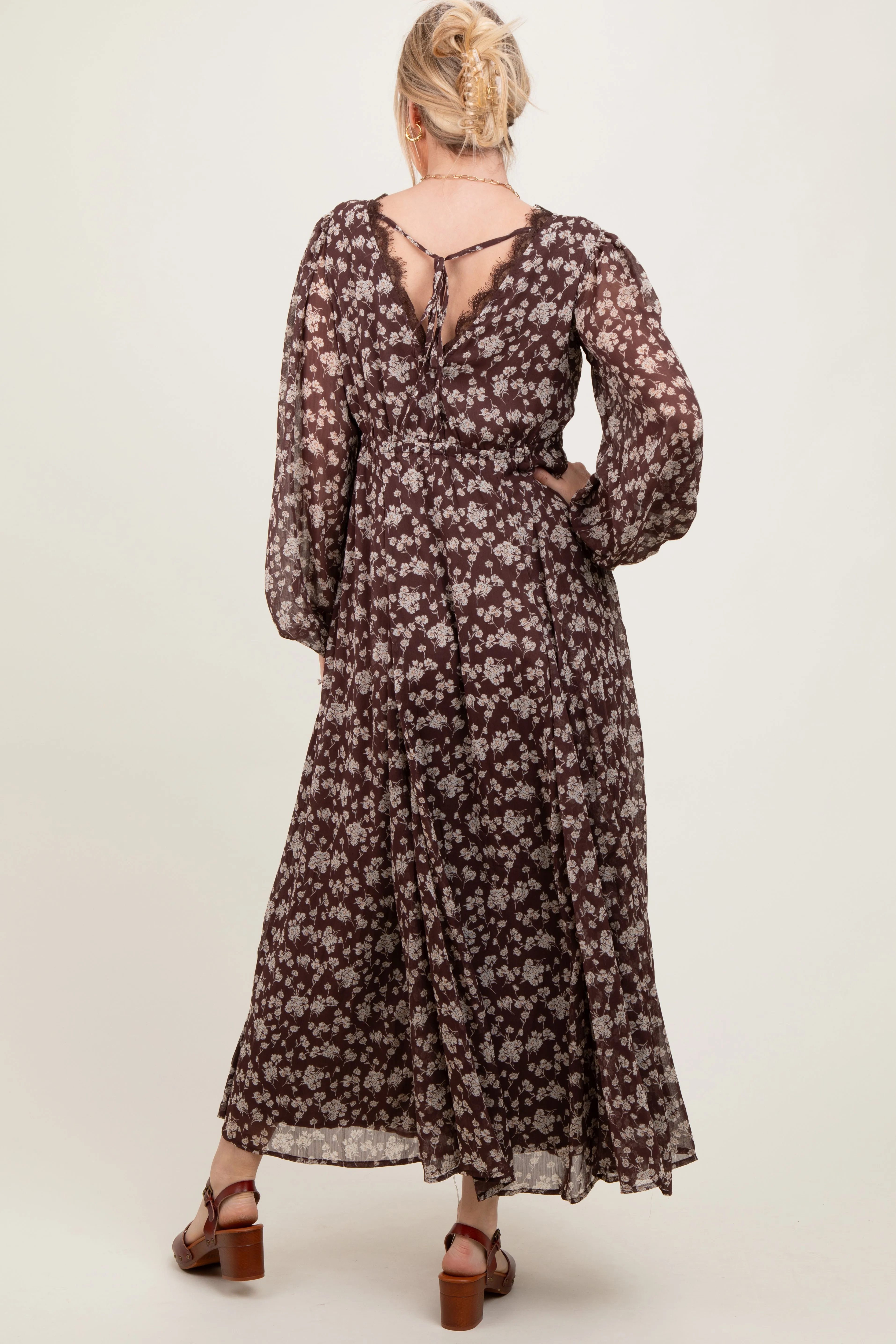 Brown Floral Chiffon Lace Trim Back Tie Maxi Dress sold by Pinkblush product image thumbnail 3