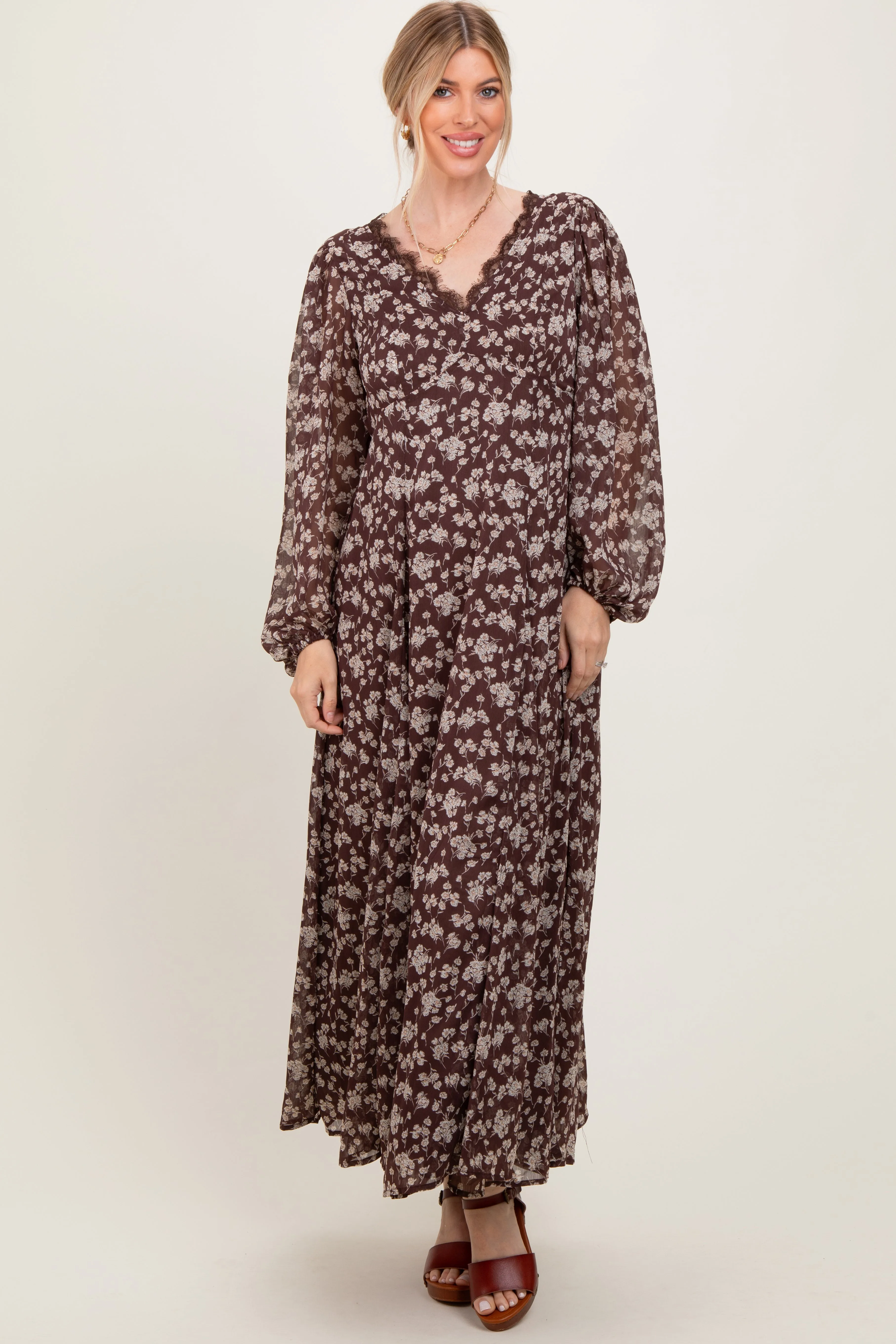Brown Floral Chiffon Lace Trim Back Tie Maxi Dress sold by Pinkblush
