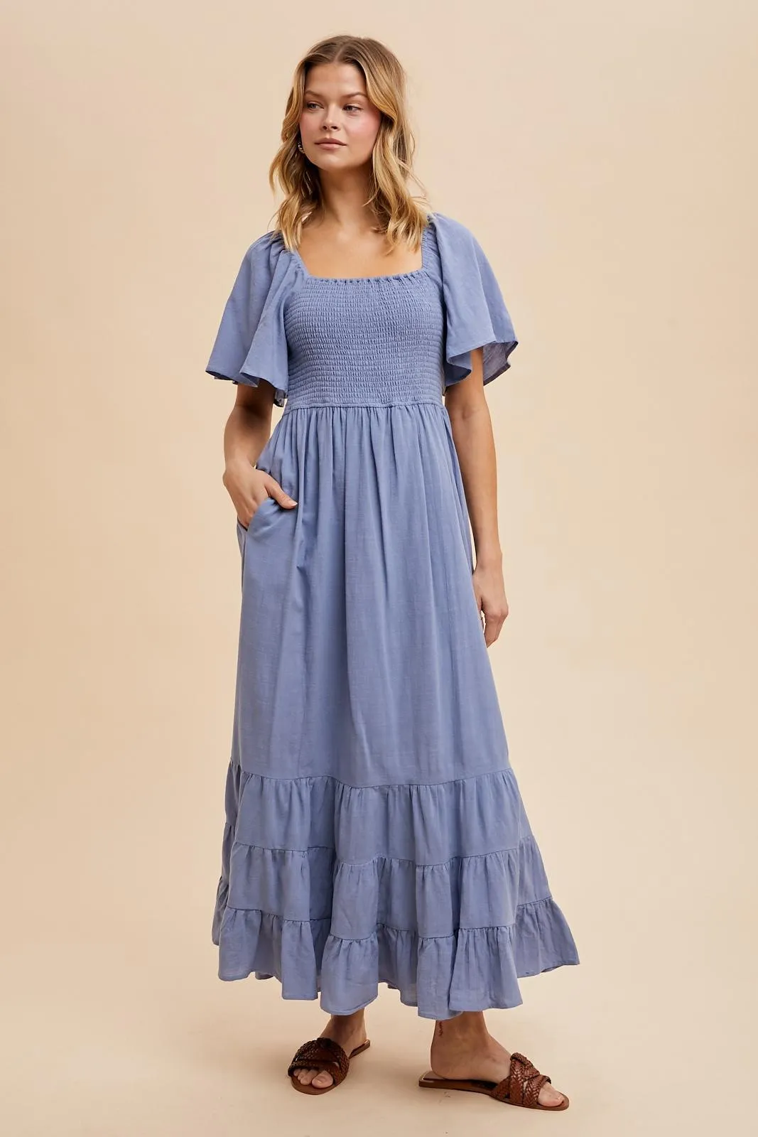 Blue Smocked Cotton Flutter Sleeve Maternity Maxi Dress sold by Pinkblush product image thumbnail 4