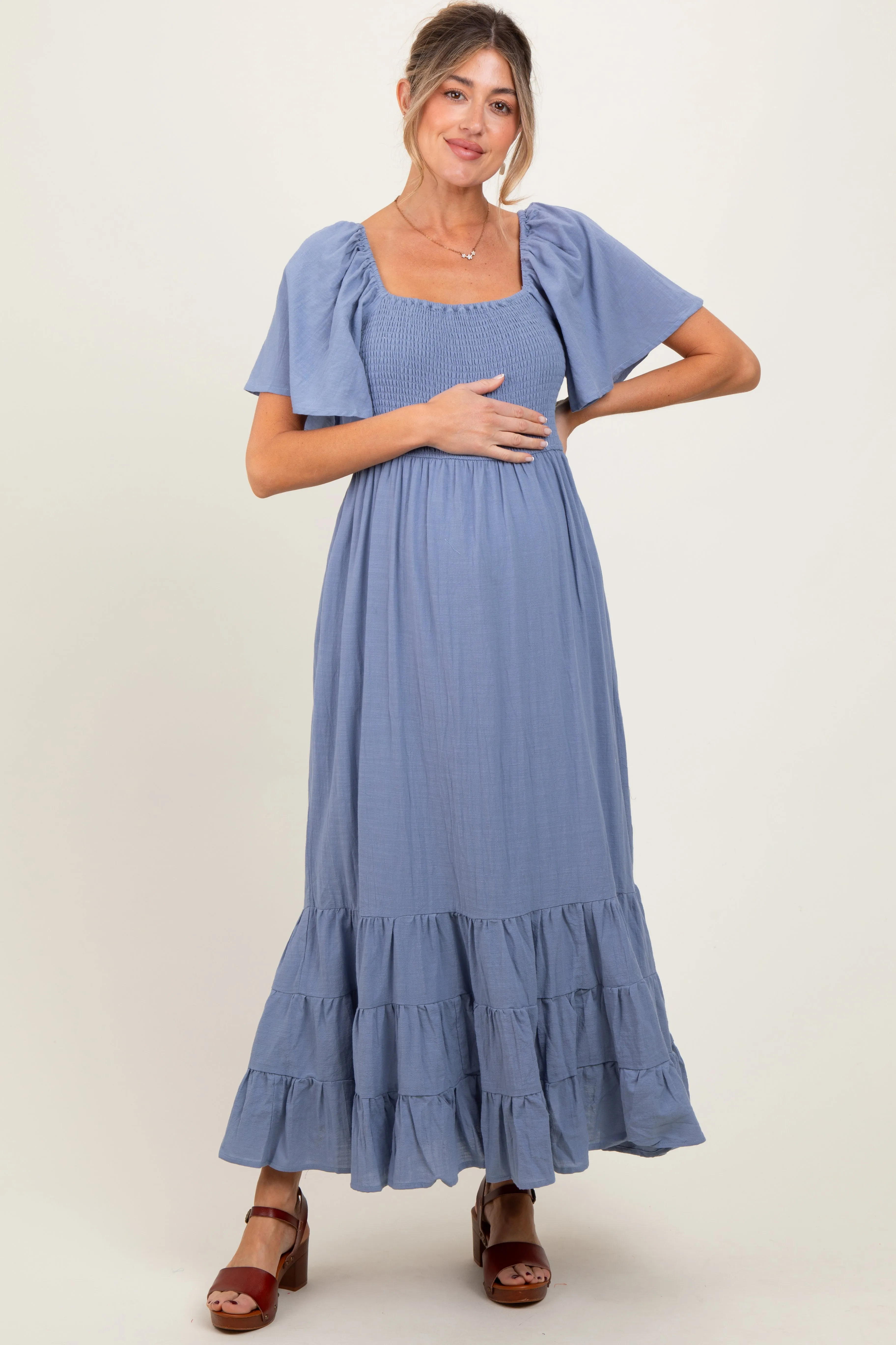 Blue Smocked Cotton Flutter Sleeve Maternity Maxi Dress sold by Pinkblush