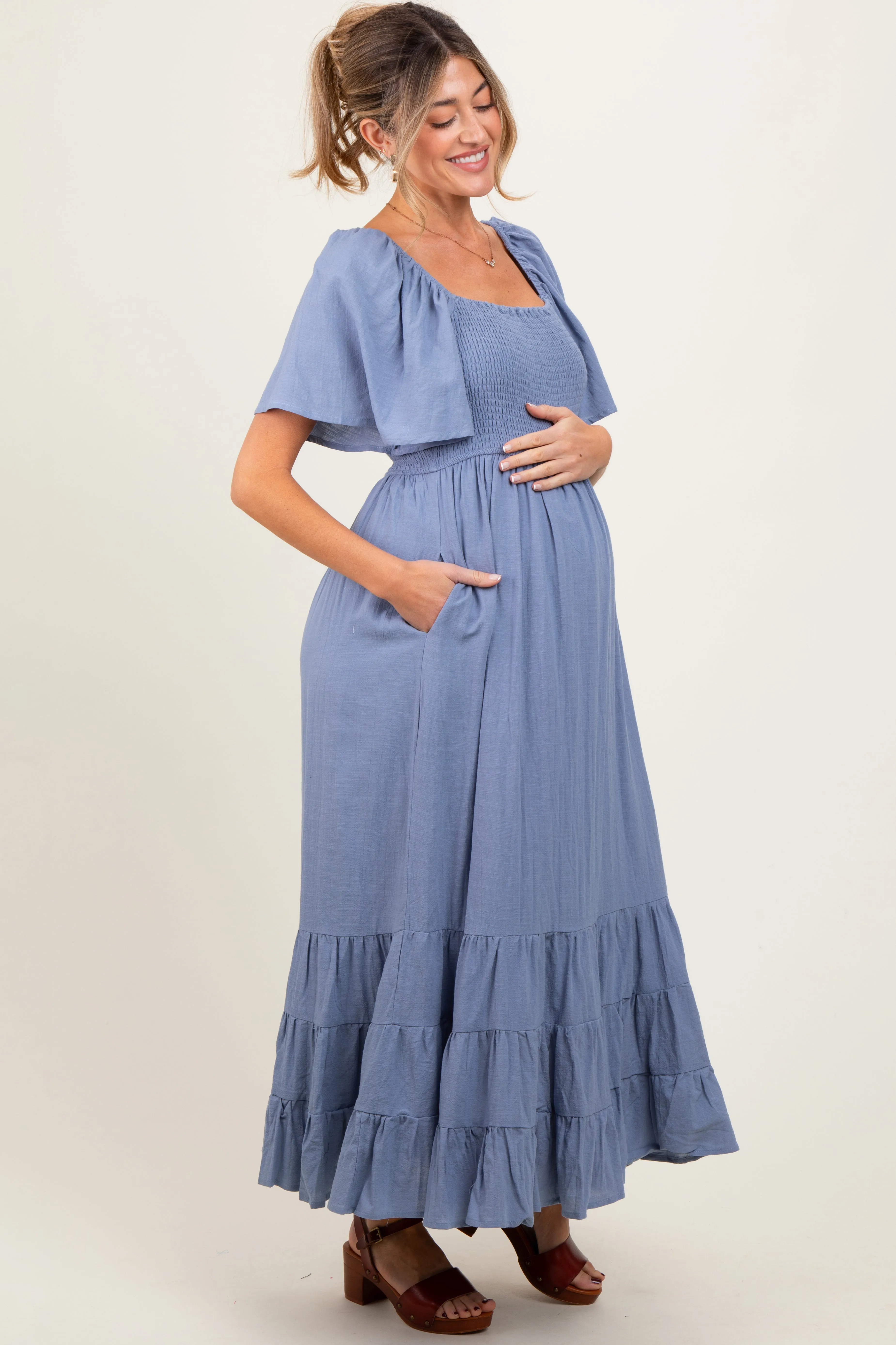 Blue Smocked Cotton Flutter Sleeve Maternity Maxi Dress sold by Pinkblush product image thumbnail 2
