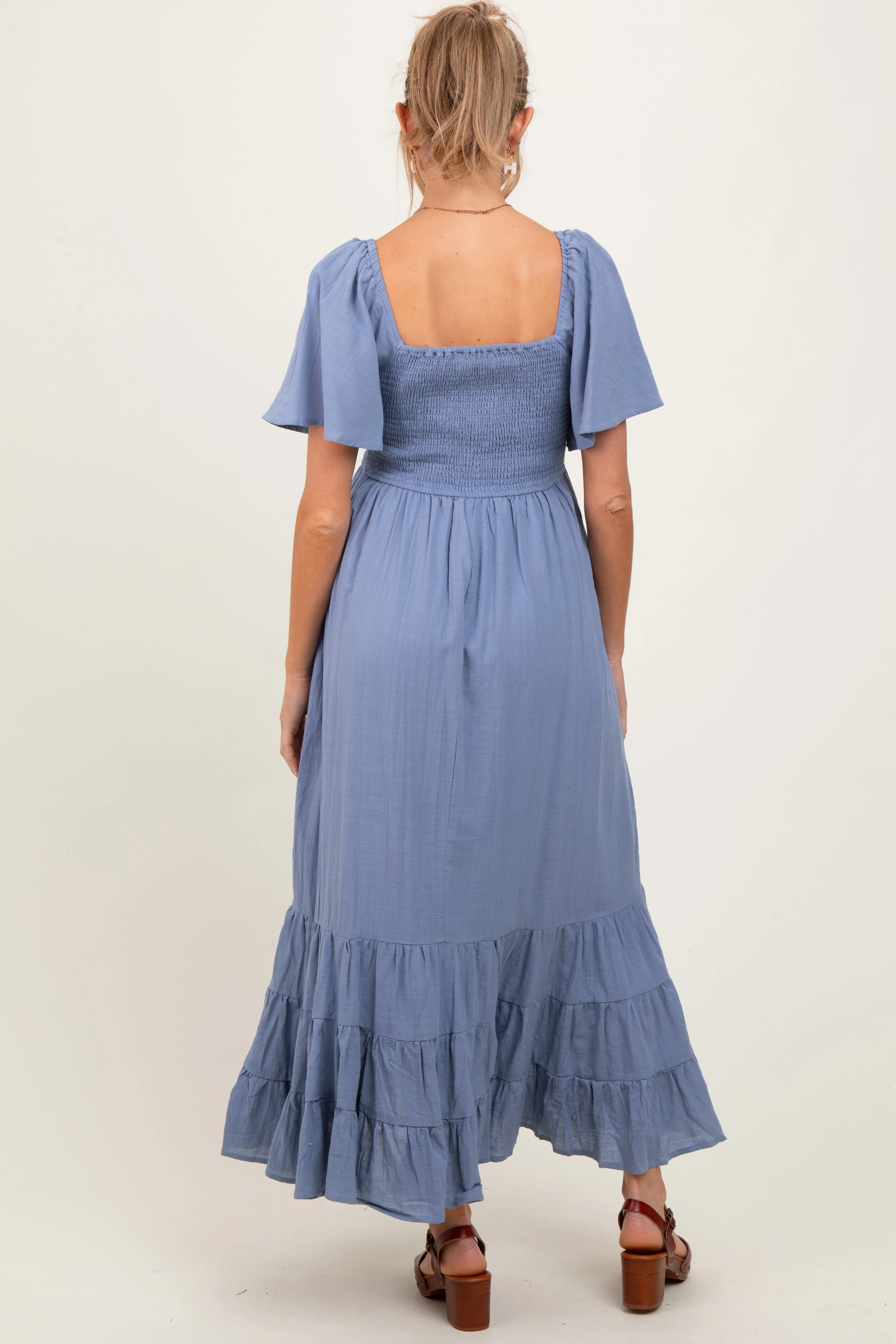 Blue Smocked Cotton Flutter Sleeve Maternity Maxi Dress sold by Pinkblush product image thumbnail 3