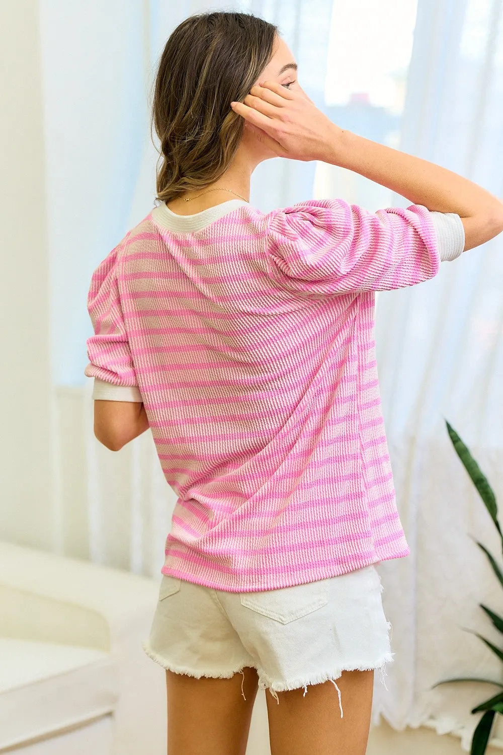Pink Textured Stripe Puff Sleeve Top sold by Pinkblush product image thumbnail 2
