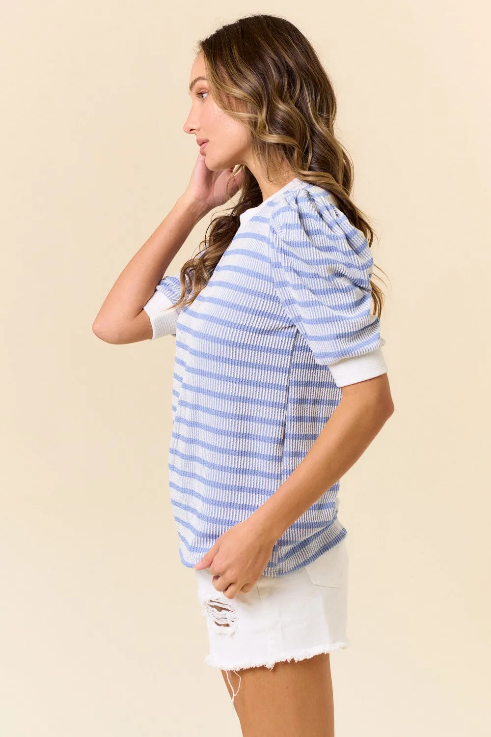 Blue Textured Stripe Puff Sleeve Top sold by Pinkblush product image thumbnail 3