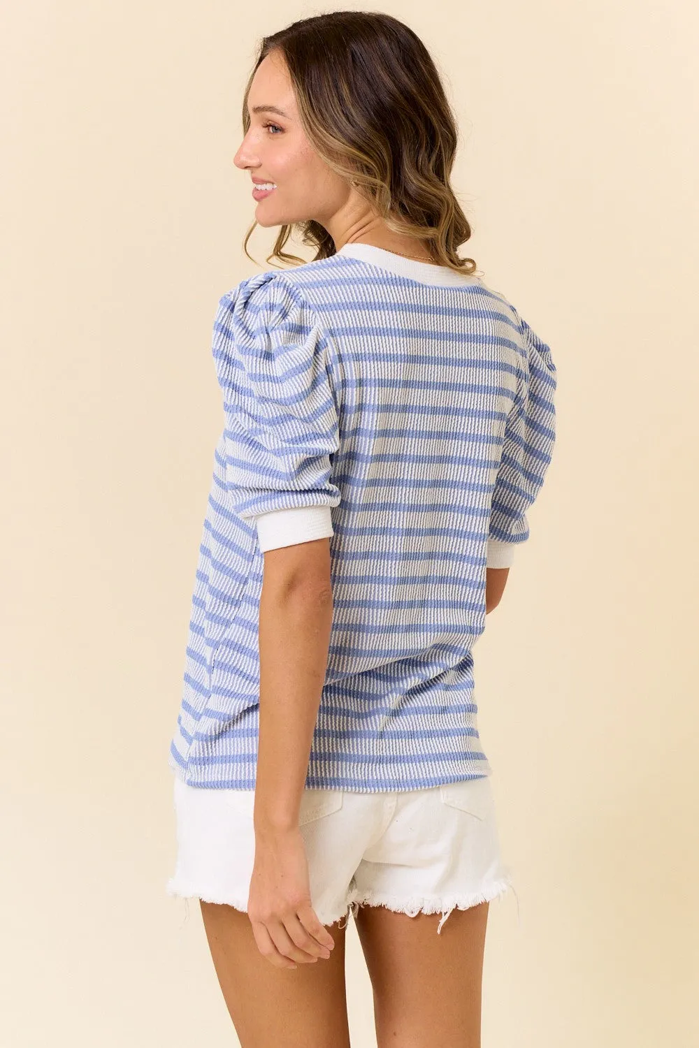 Blue Textured Stripe Puff Sleeve Top sold by Pinkblush product image thumbnail 4
