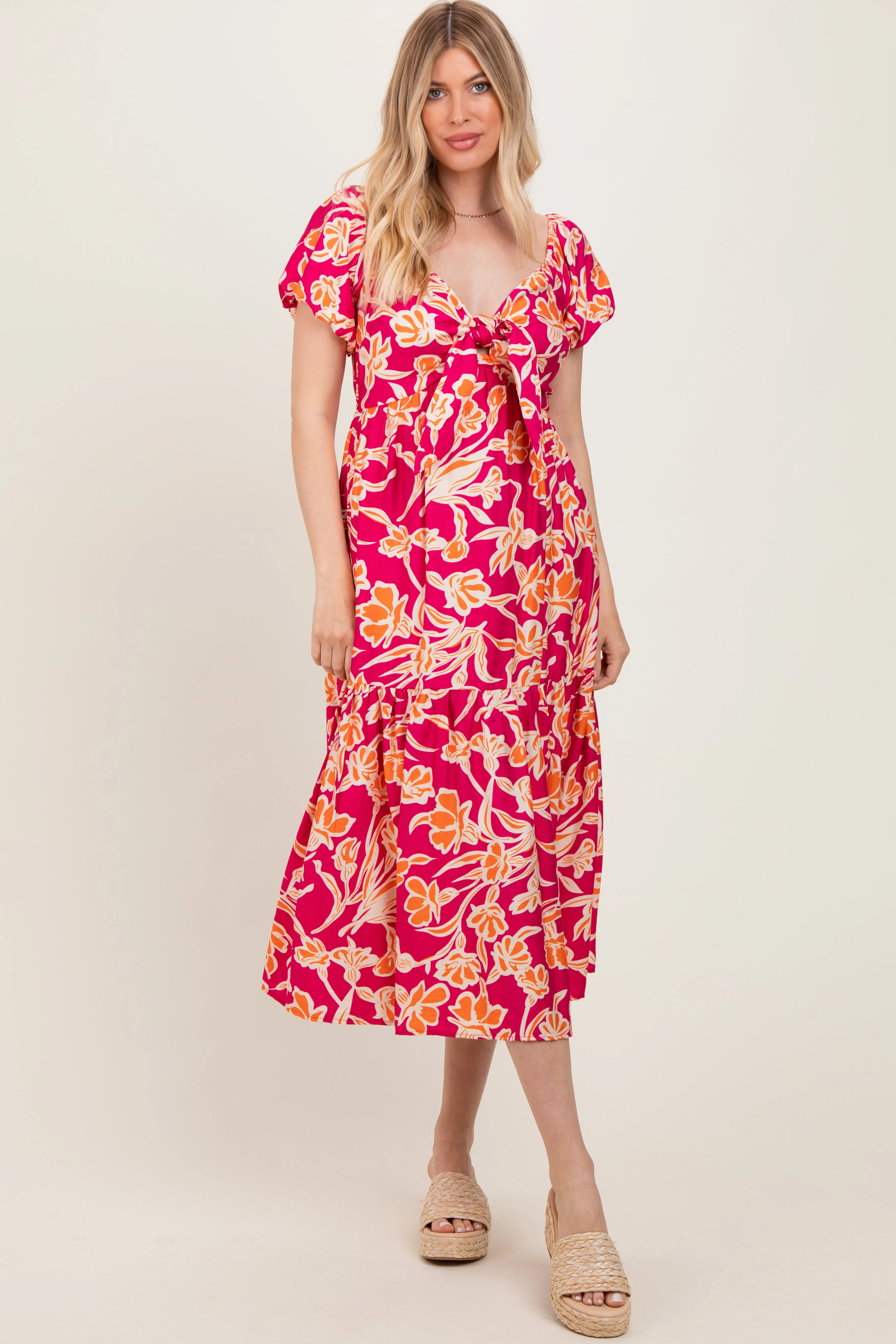Coral Floral Front Tie Maternity Midi Dress sold by Pinkblush product image thumbnail 4