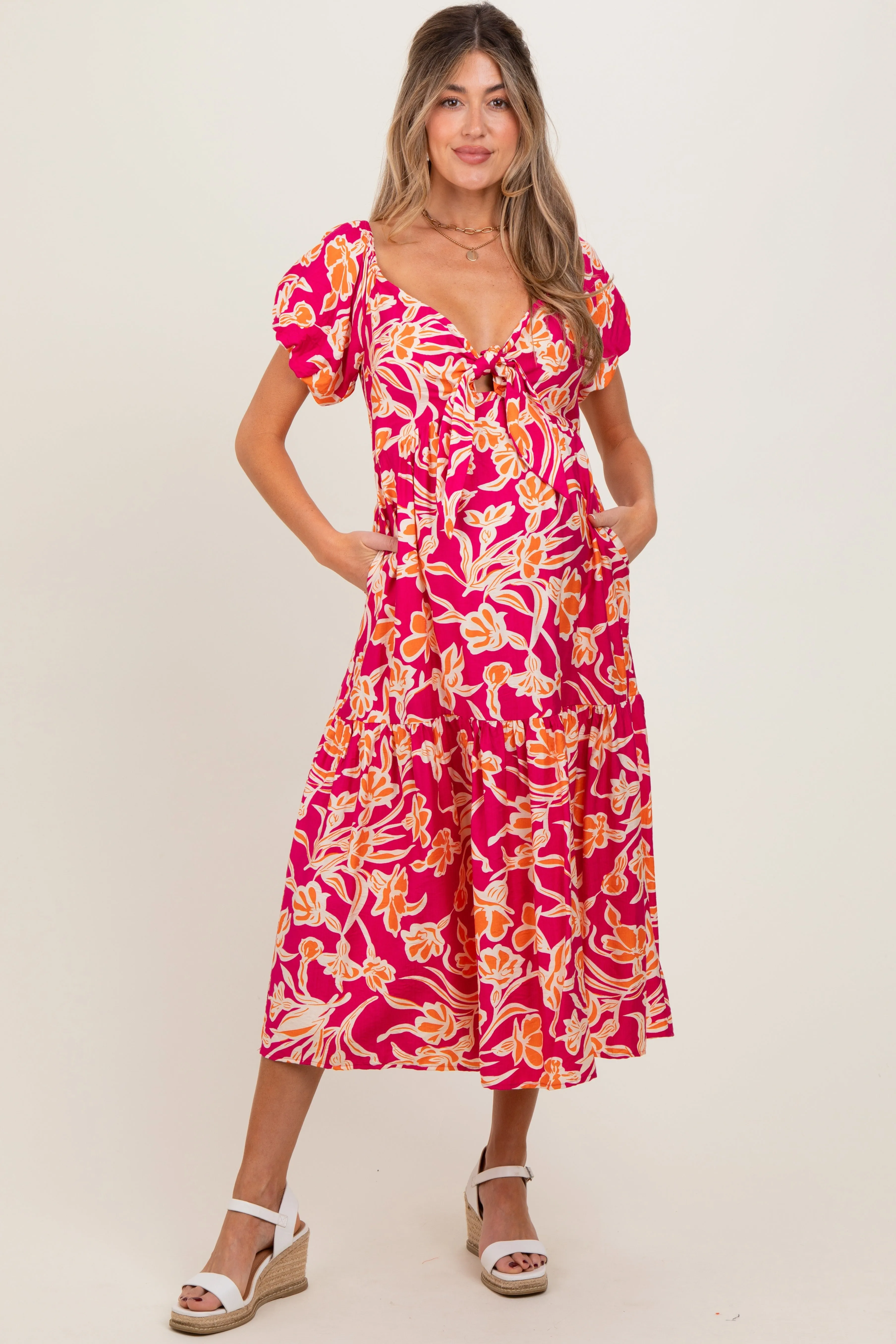 Coral Floral Front Tie Maternity Midi Dress sold by Pinkblush